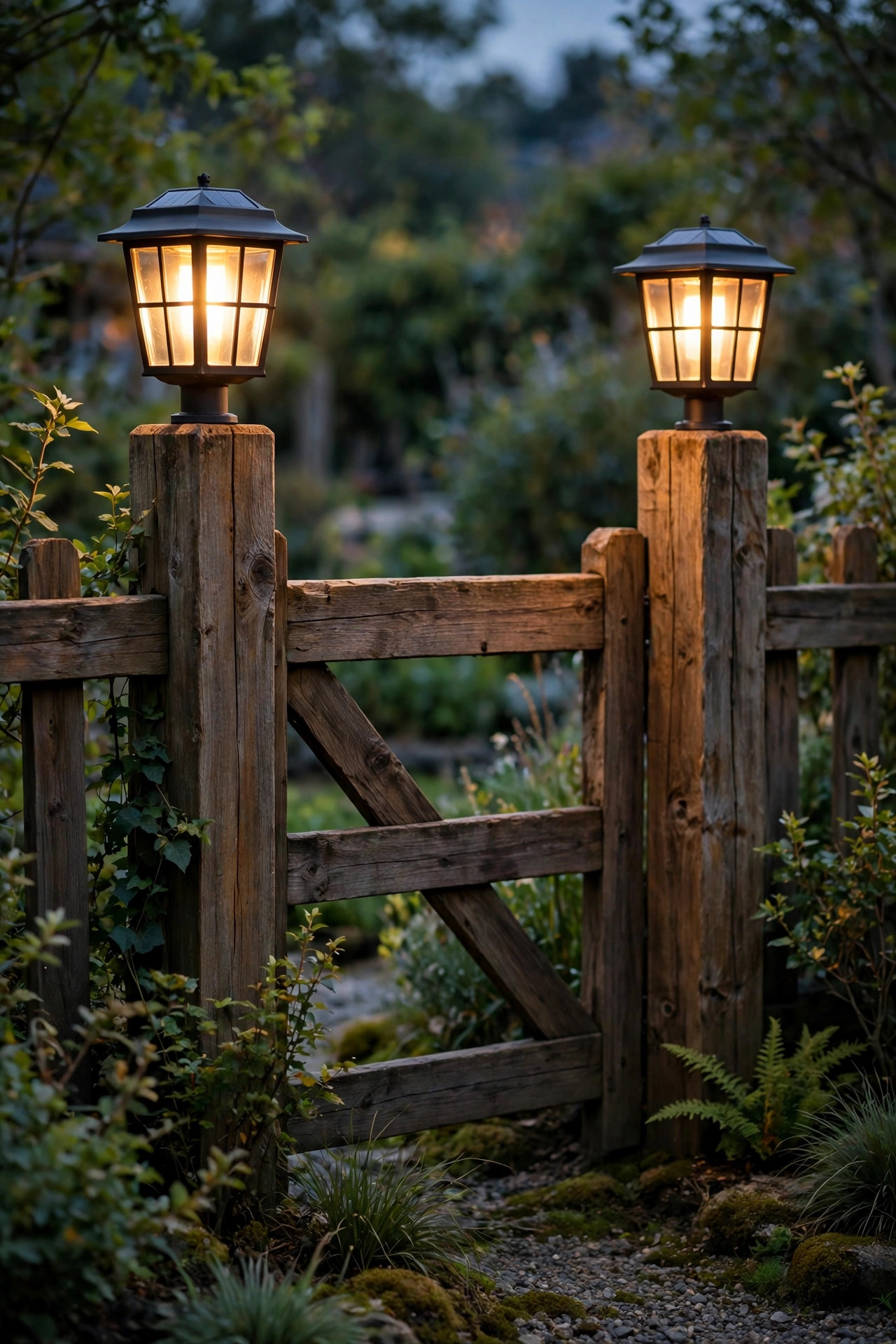 Lantern style solar post lights on wooden garden gate posts at dusk