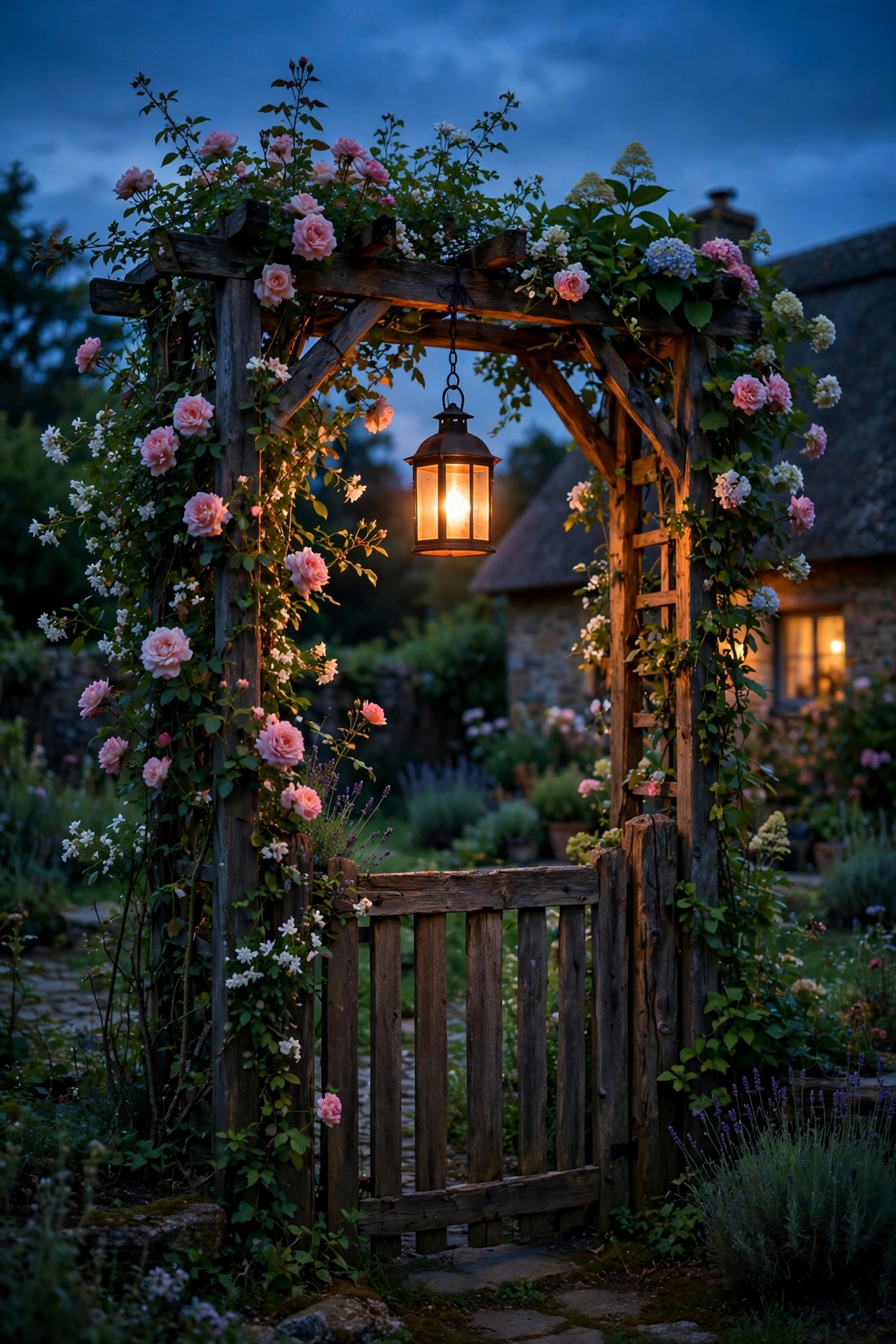 Single warm lantern hanging from a wooden garden gate arbor with climbing flowers at dusk in a cottage front yard