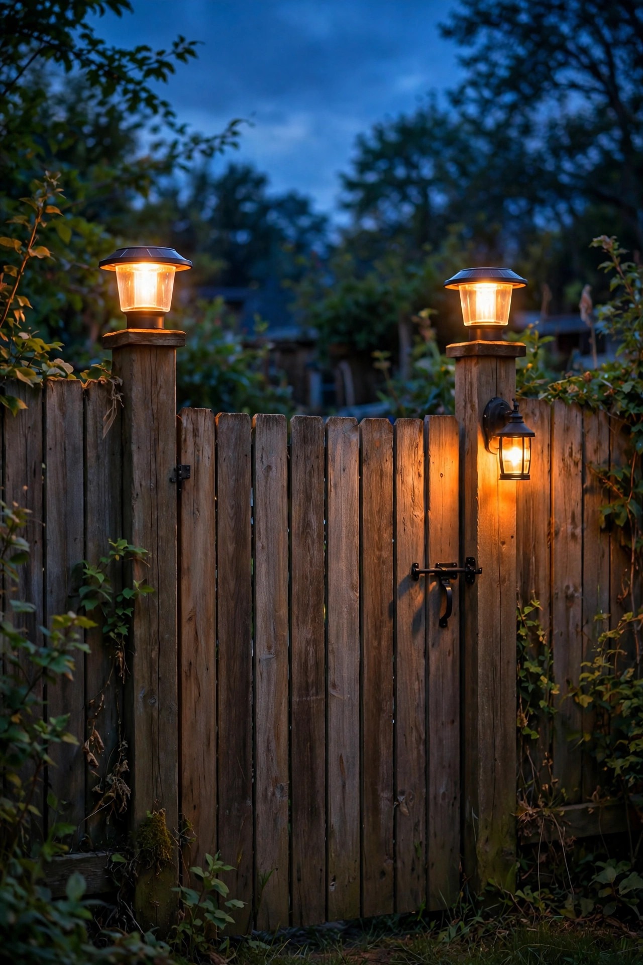 Wooden backyard gate at dusk with glowing solar post-cap lights on both posts and a small sconce beside the latch