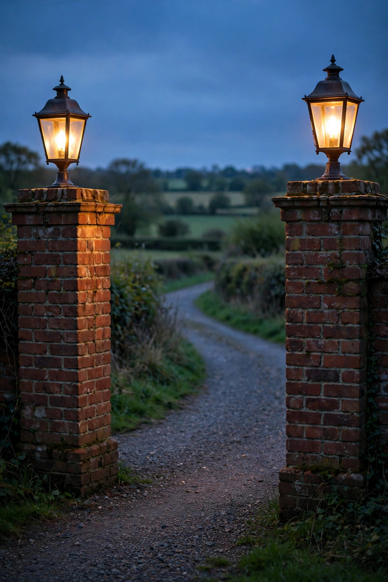 Warm lantern fixtures glowing on brick gate pillars at a country driveway entrance
