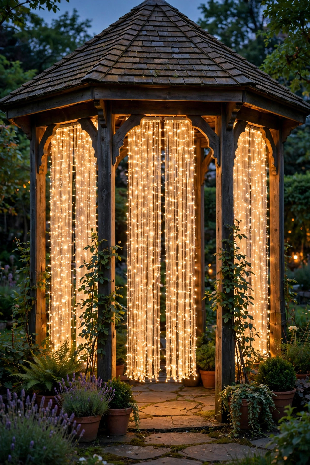Curtain light panels hanging between the posts of a garden gazebo at dusk