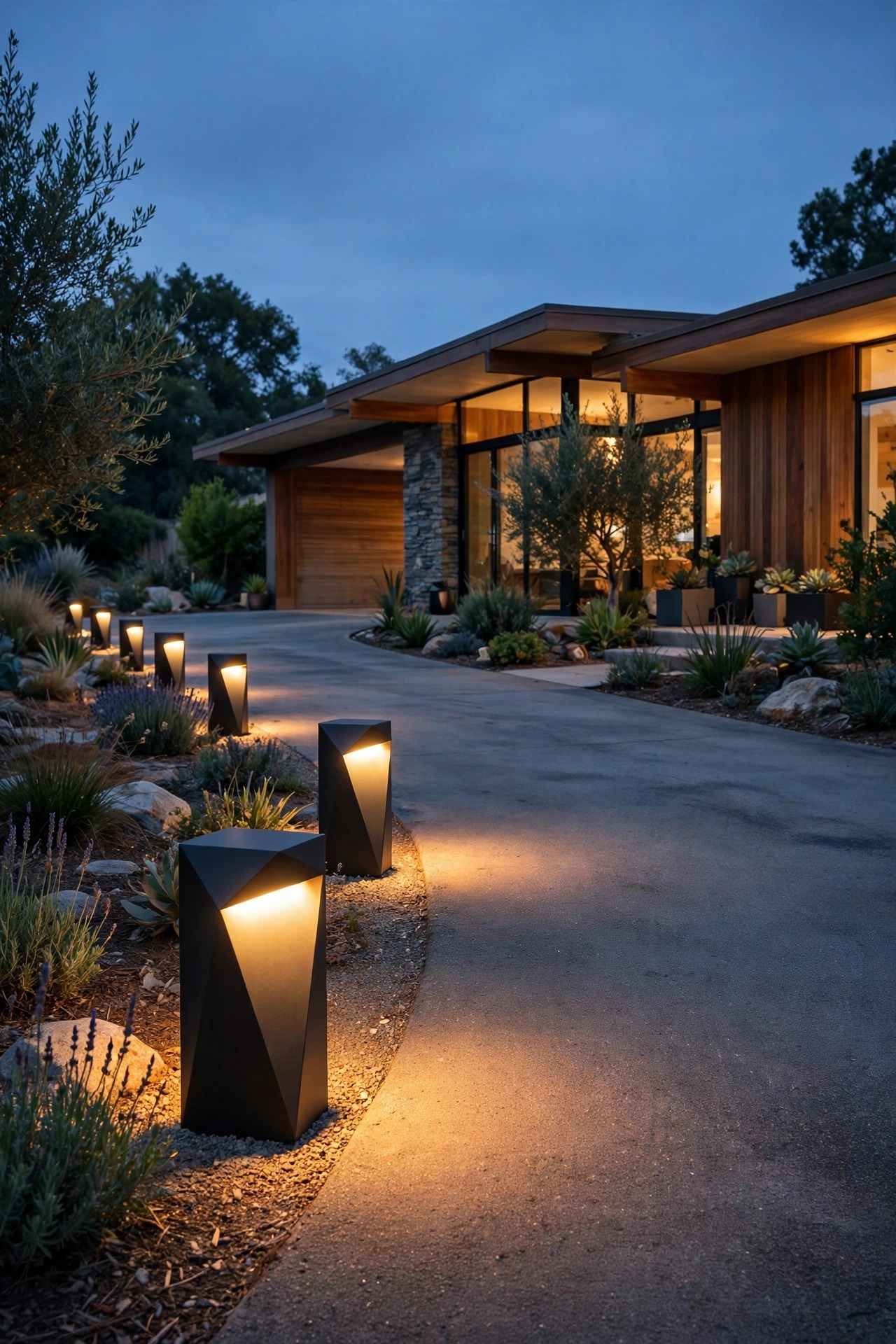 Low geometric bollard lights washing warm light down the edge of a driveway at a mid-century modern home