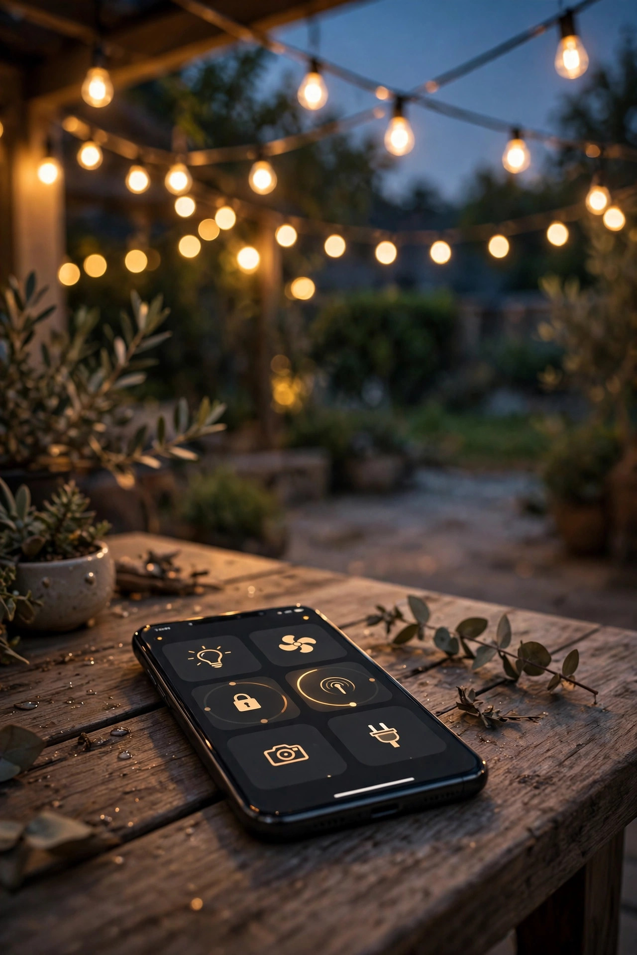 Phone with a home control app on a patio table, warm string lights glowing overhead at dusk