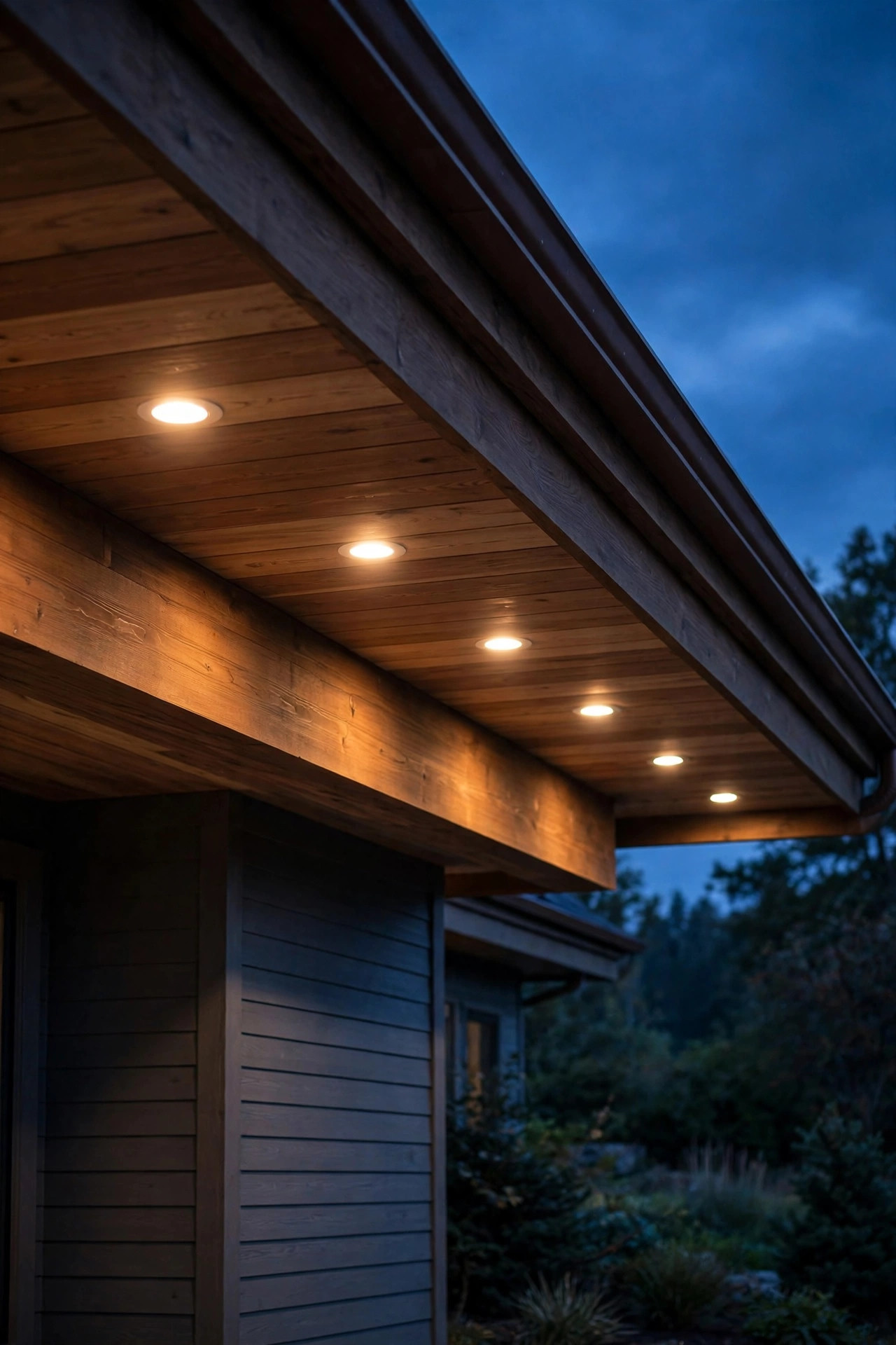Recessed soffit lights under wide house eaves glowing at dusk, damp location fixtures sheltered by a deep roof overhang