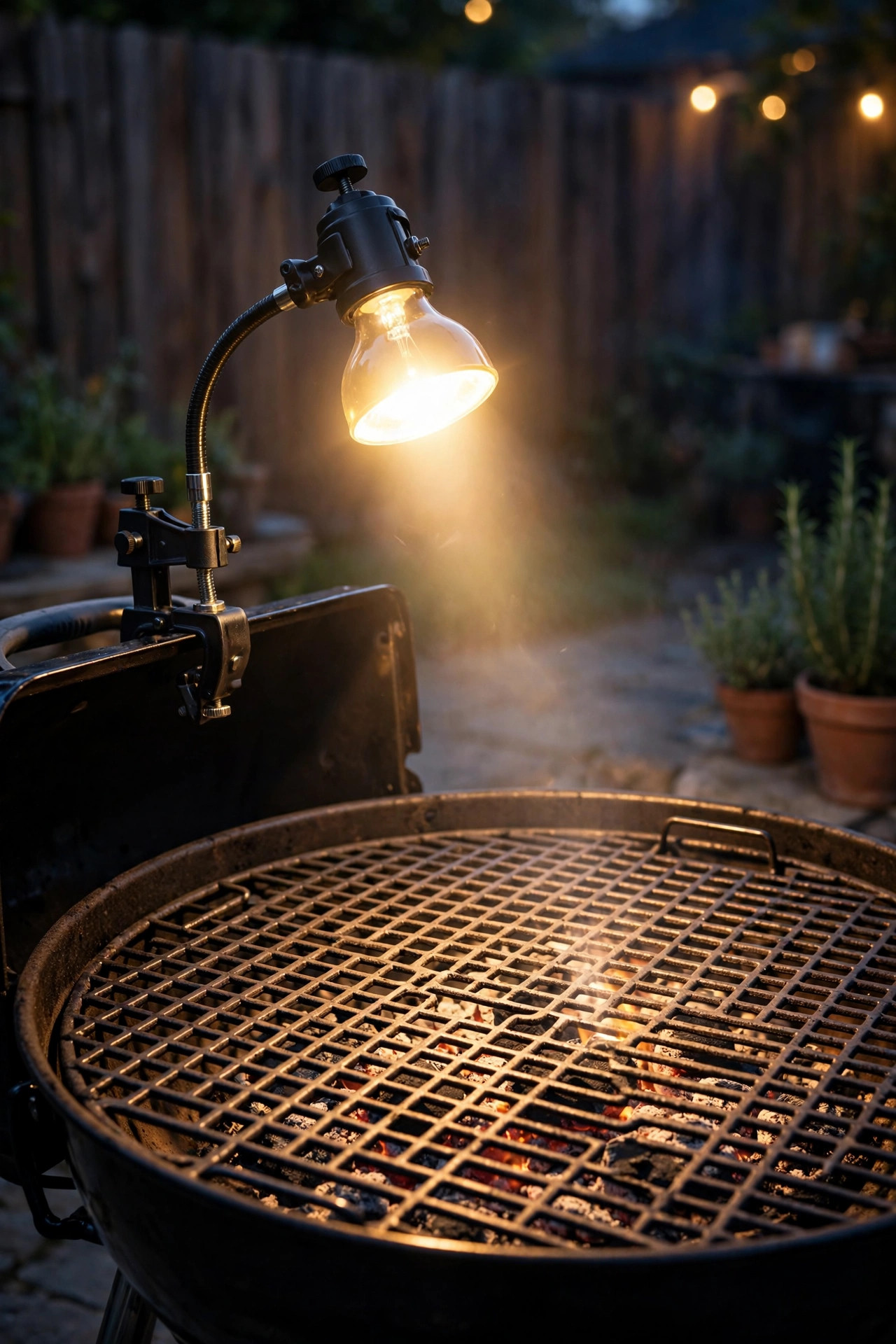 Clamp-on task light shining brightly on a grill grate during a nighttime backyard cookout