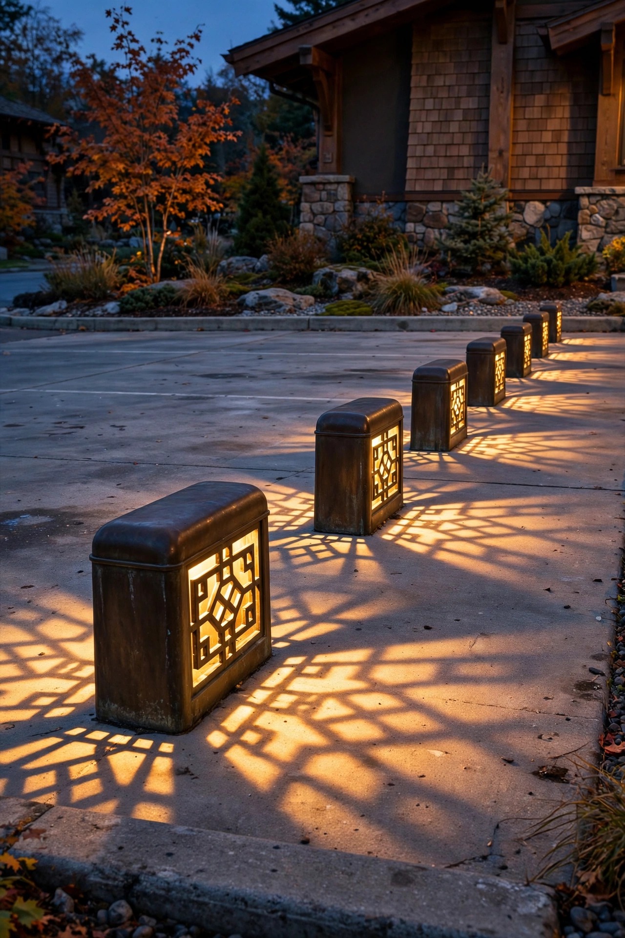 Low bronze bollards with geometric arts and crafts grilles casting patterned warm light across a craftsman parking apron