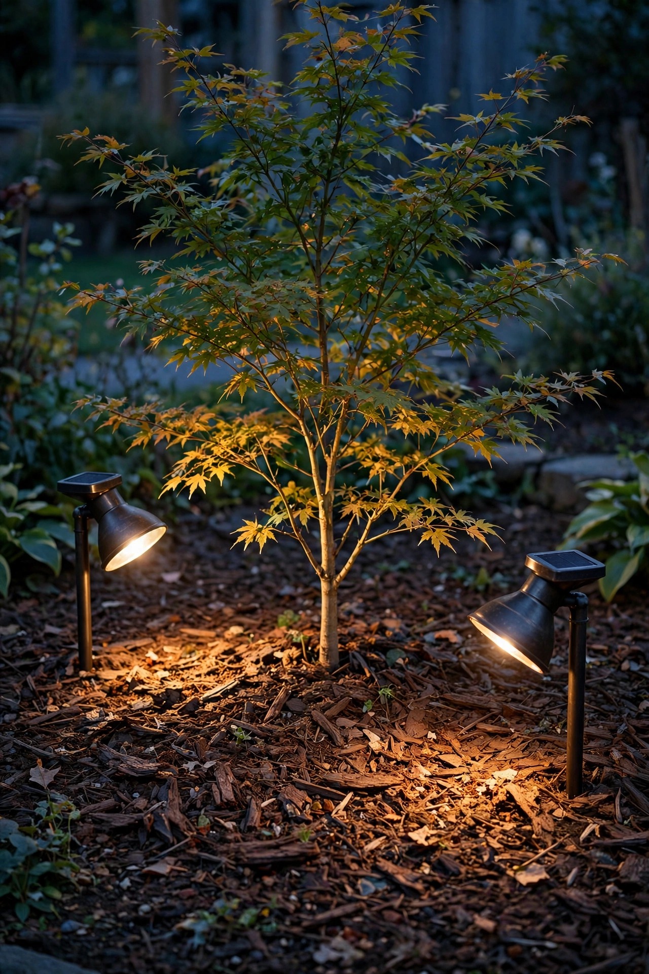 Ground-stake solar flood light glowing at the edge of a lawn at dusk, warm beam washing across grass and a garden bed