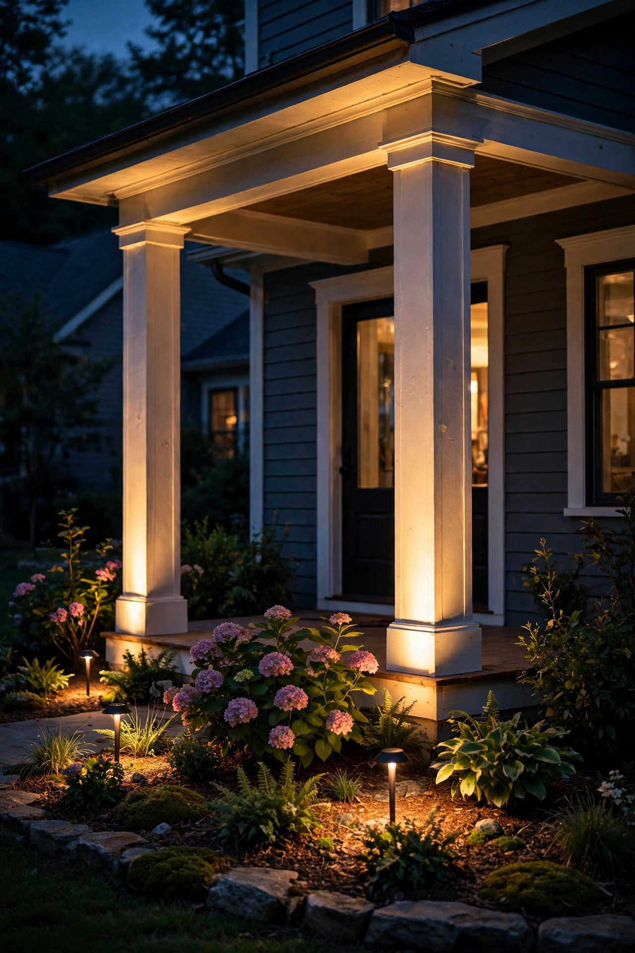 Ground uplights in flower beds washing warm light up the posts of an open front porch at night