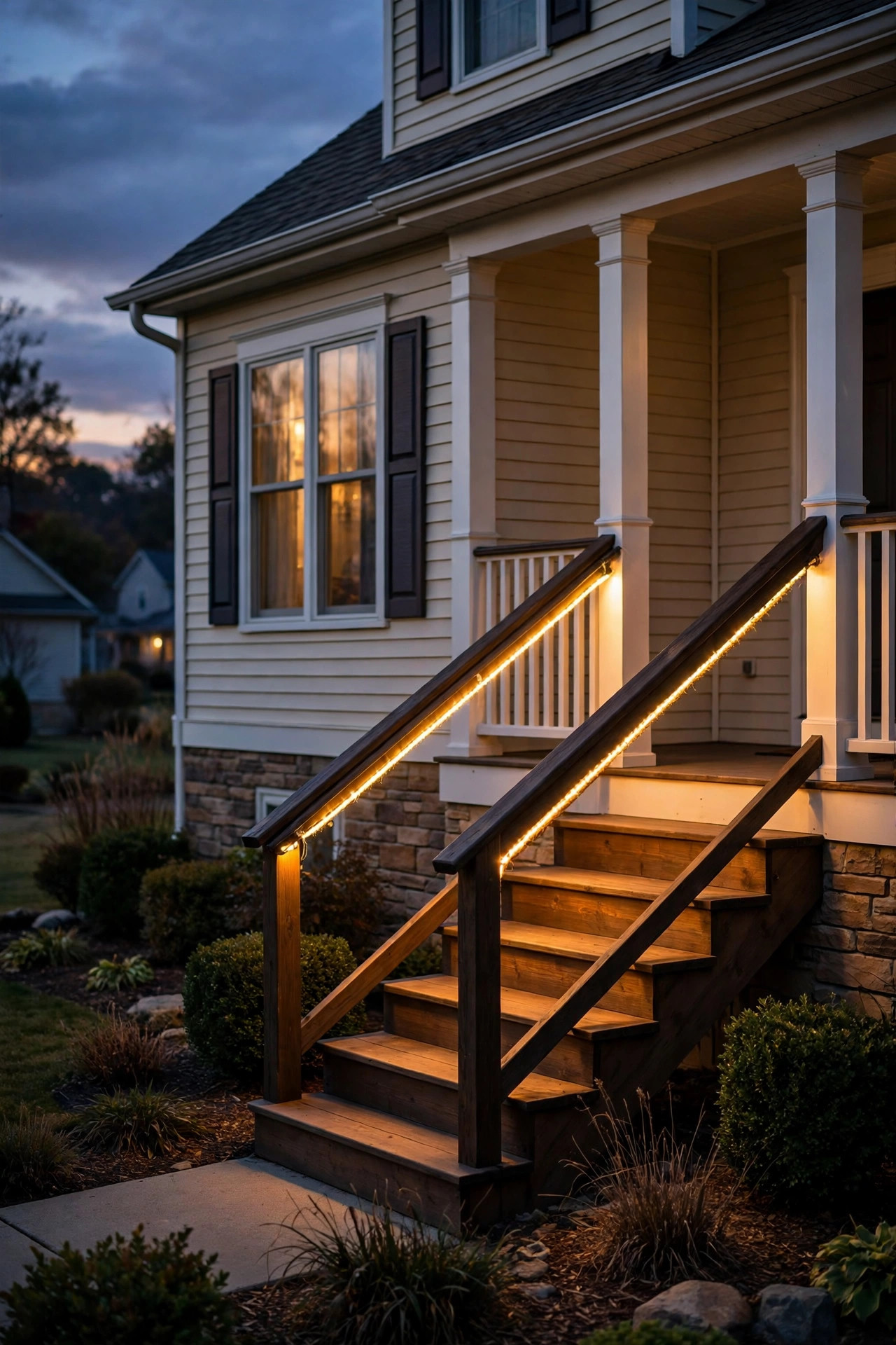 Warm rope light mounted under a porch handrail illuminating the steps below