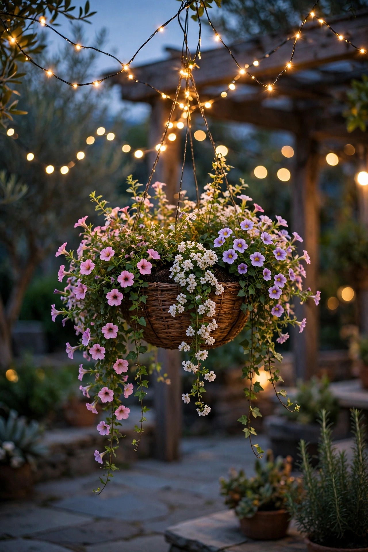 Hanging basket with trailing flowers and delicate micro string lights glowing above a patio at dusk