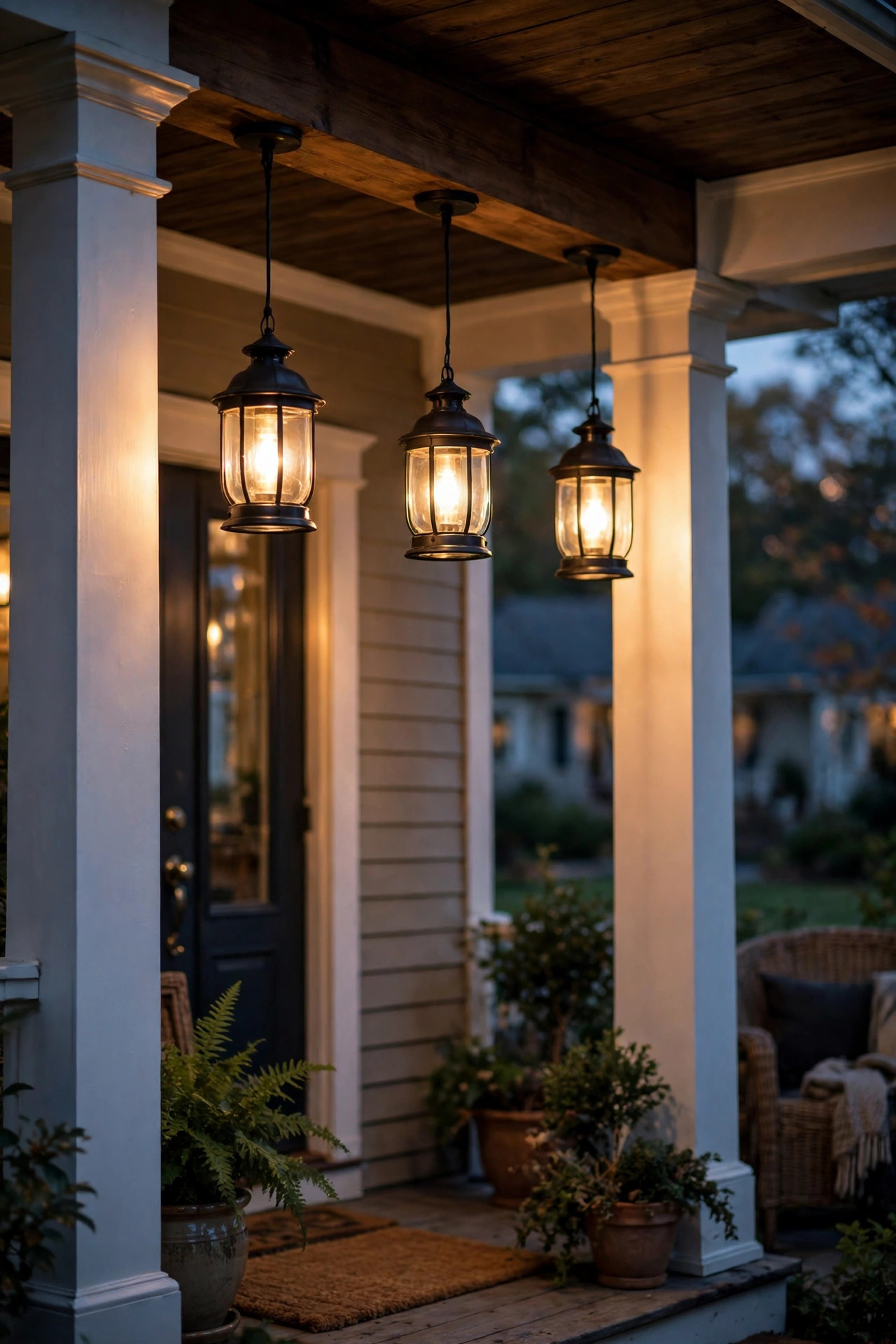 Pendant lanterns hanging from a porch beam between columns, warm glow at dusk