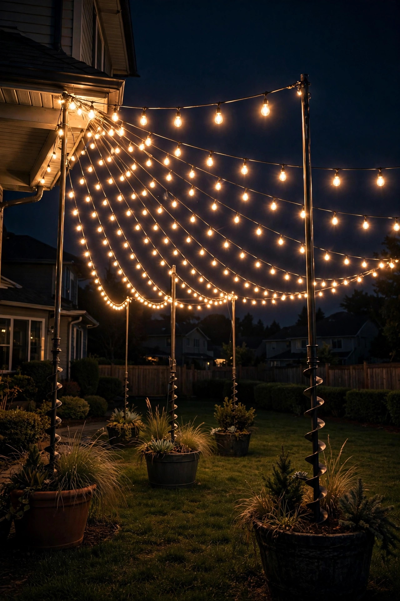 Canopy of string lights strung on poles across a backyard lawn at night with a fan pattern
