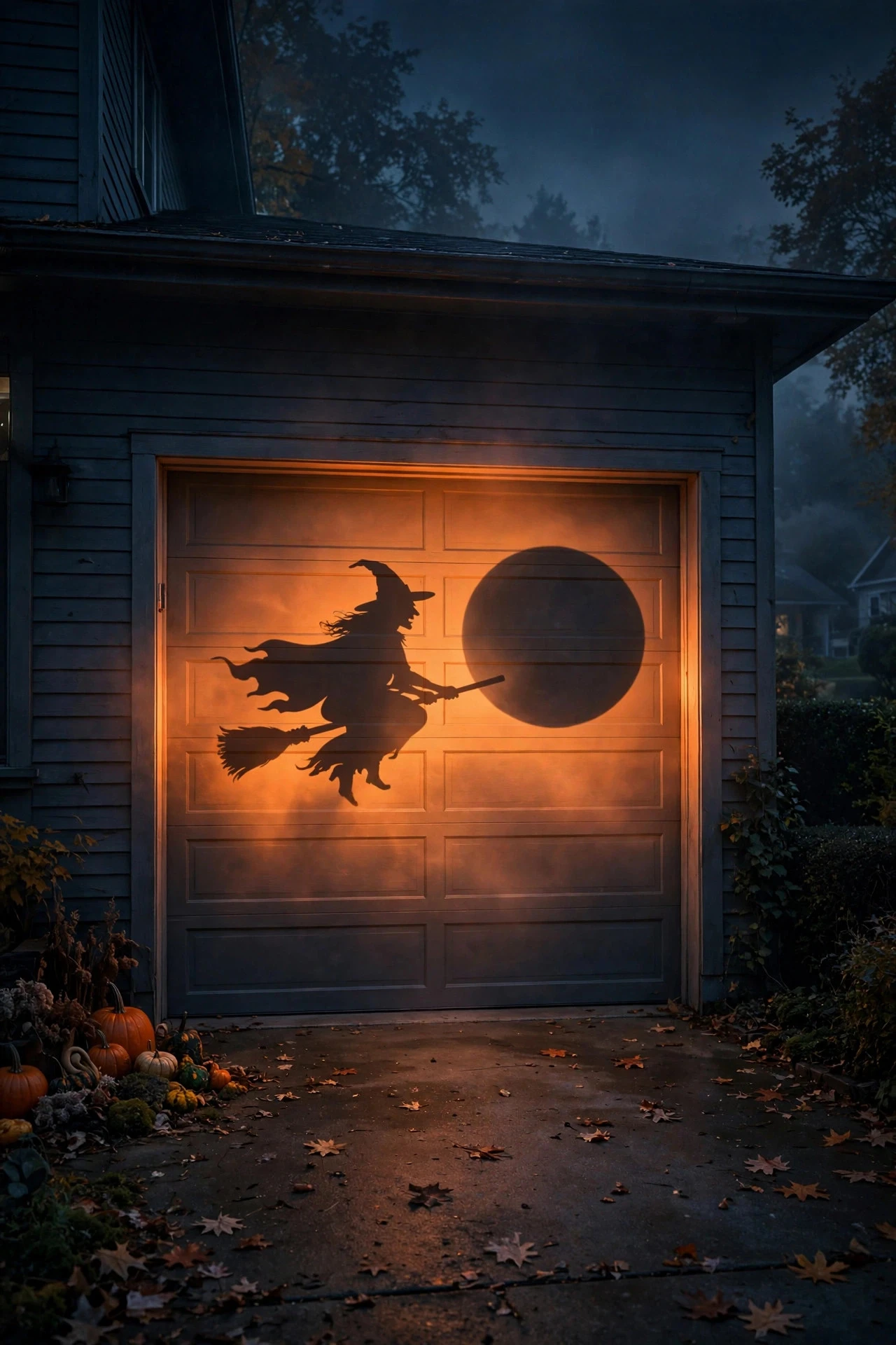 Witch and full moon silhouette projected onto a garage door for Halloween night