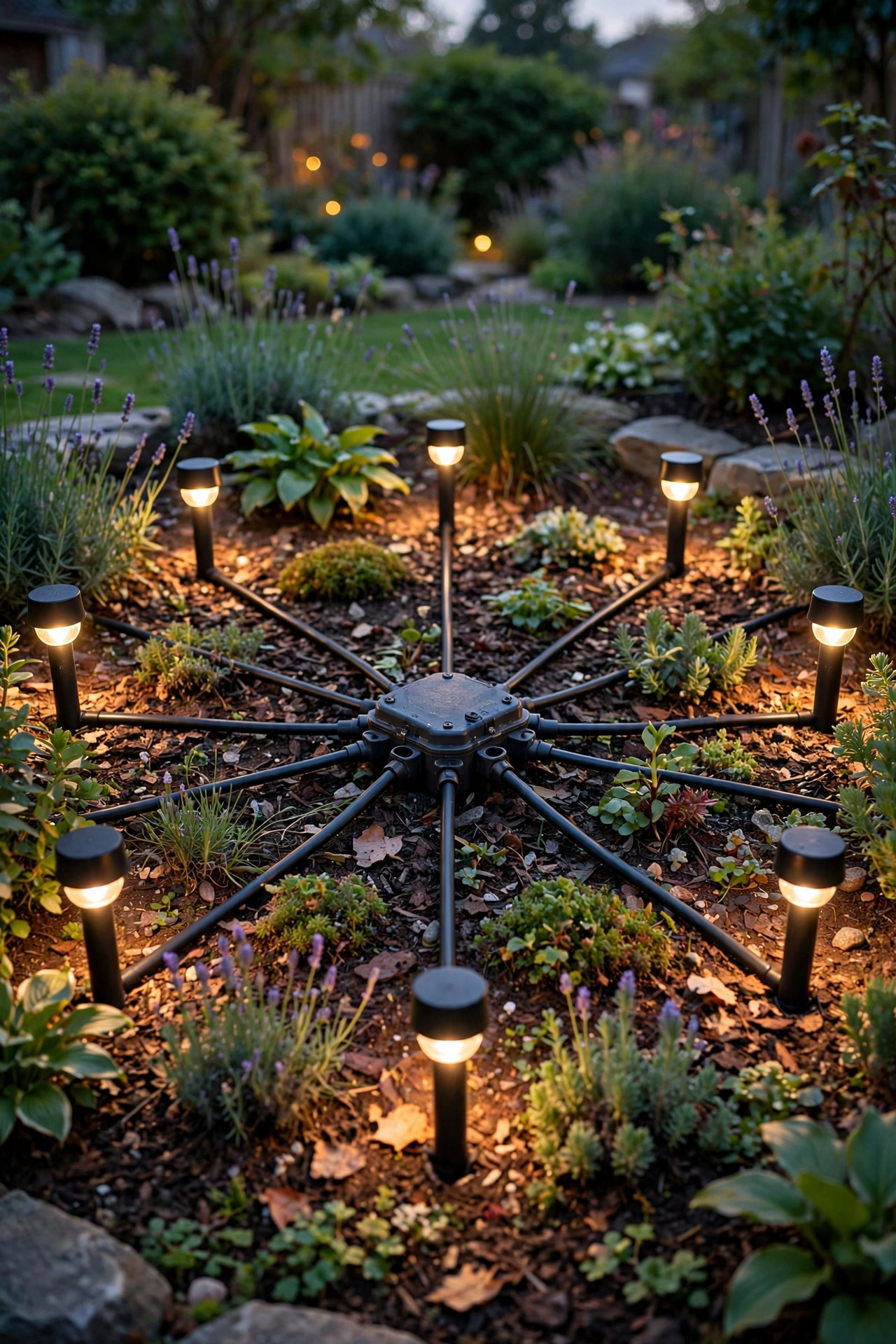 Evening garden bed with a central wiring hub and equal-length cables radiating out to evenly lit landscape spotlights