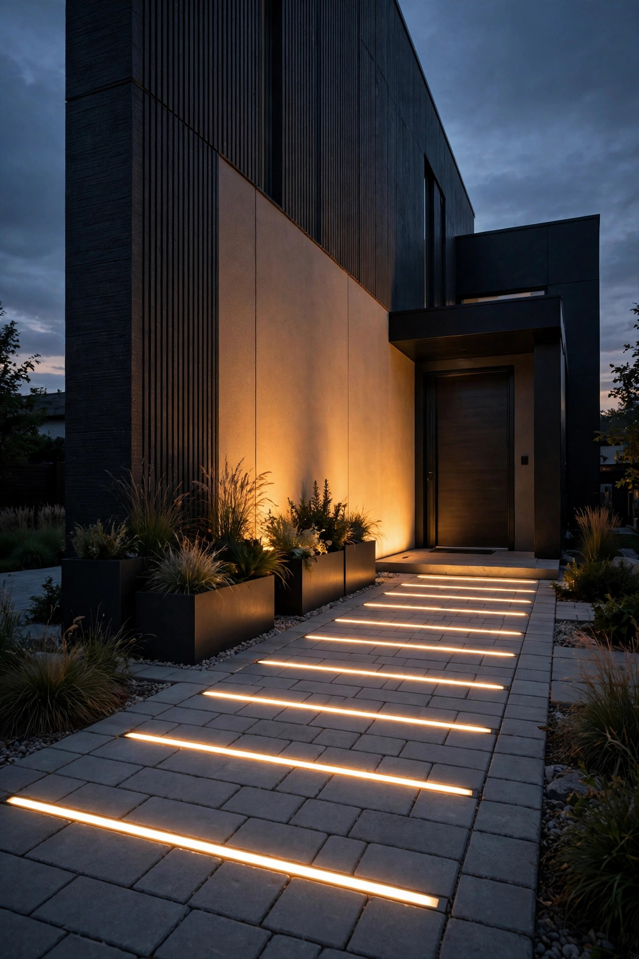 In-grade linear LED bars set flush into a paver walkway washing warm light up a modern home's entry wall at dusk