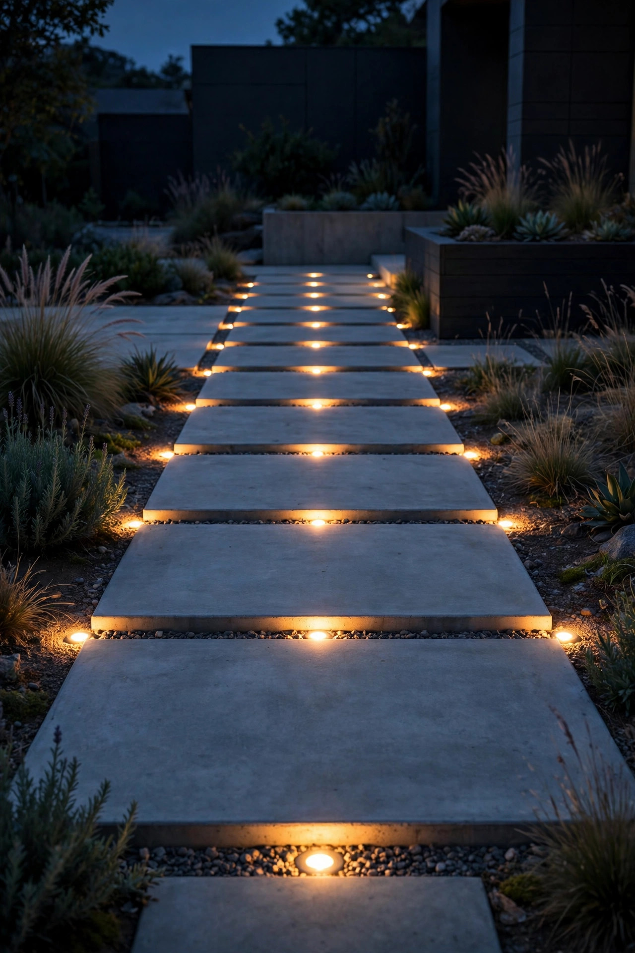 Flush in-grade path lights glowing between large modern concrete pavers at night