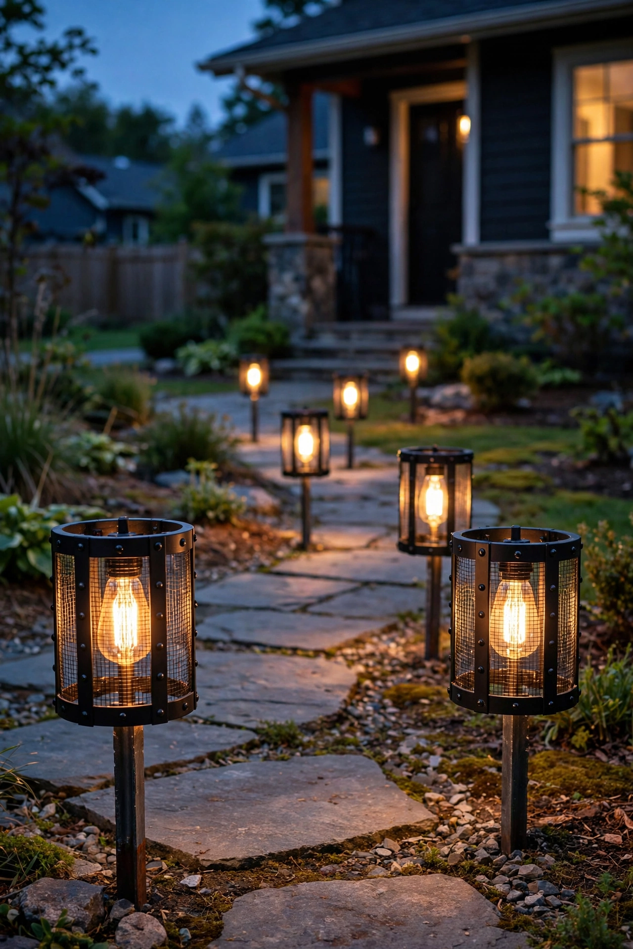 Black metal cage path lights with visible rivets lining a stone walkway at dusk