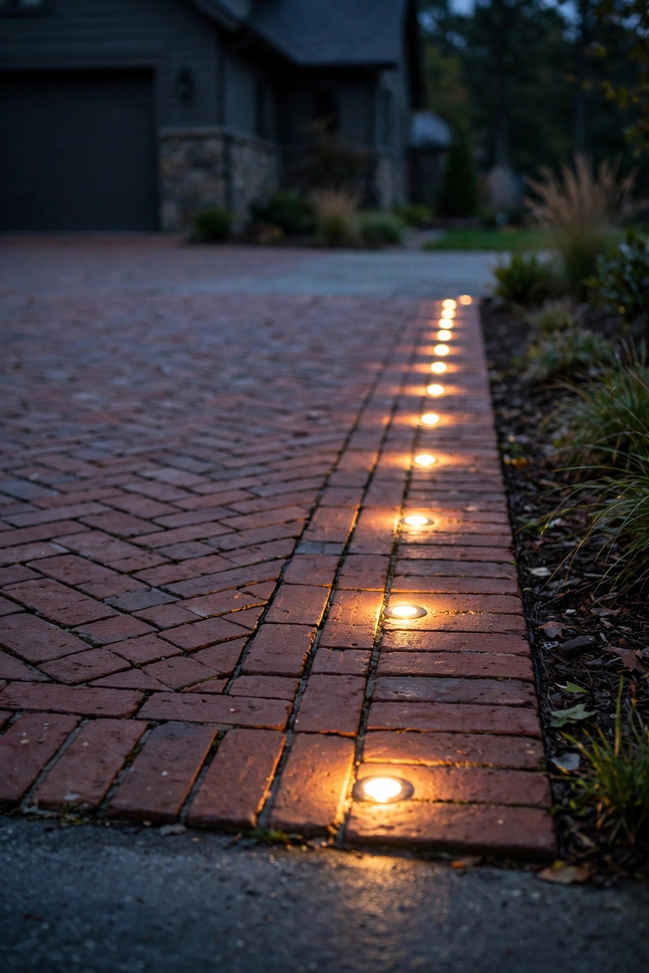 Flush in-ground marker lights glowing warm along the edge of a brick driveway apron at dusk