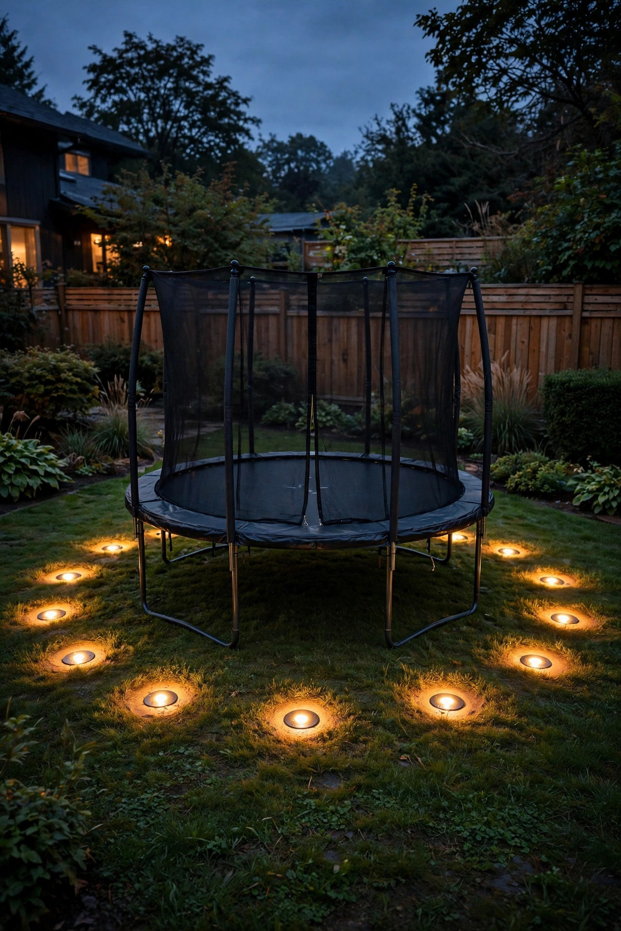 Circle of flush in-ground well lights glowing around a backyard trampoline at dusk