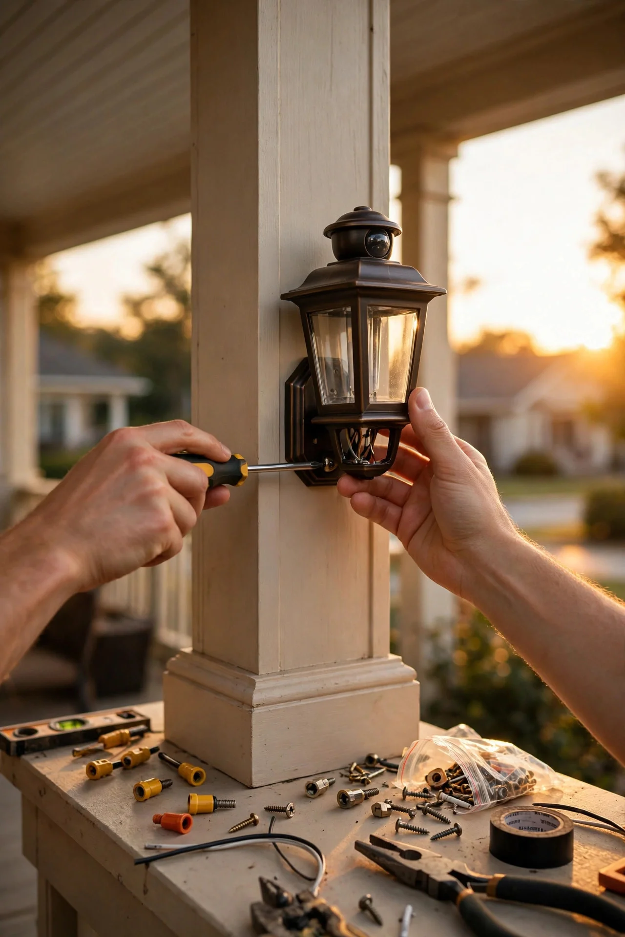 Hands mounting a decorative motion sensor wall sconce on a suburban porch column at golden hour, tools and wire nuts nearby, warm light ambiance