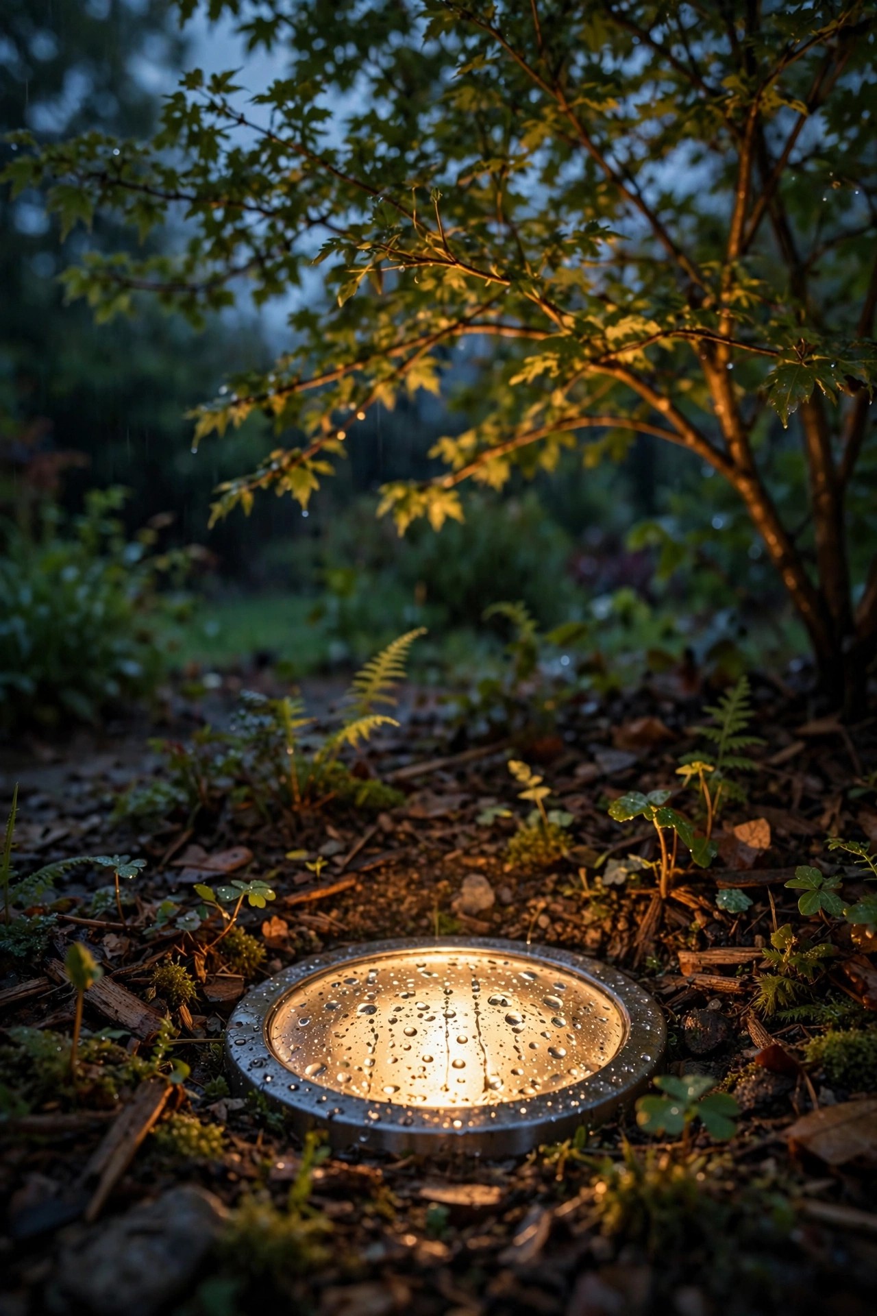 In-ground well light glowing up through a small tree canopy at dusk, its lens beaded with rainwater at ground level