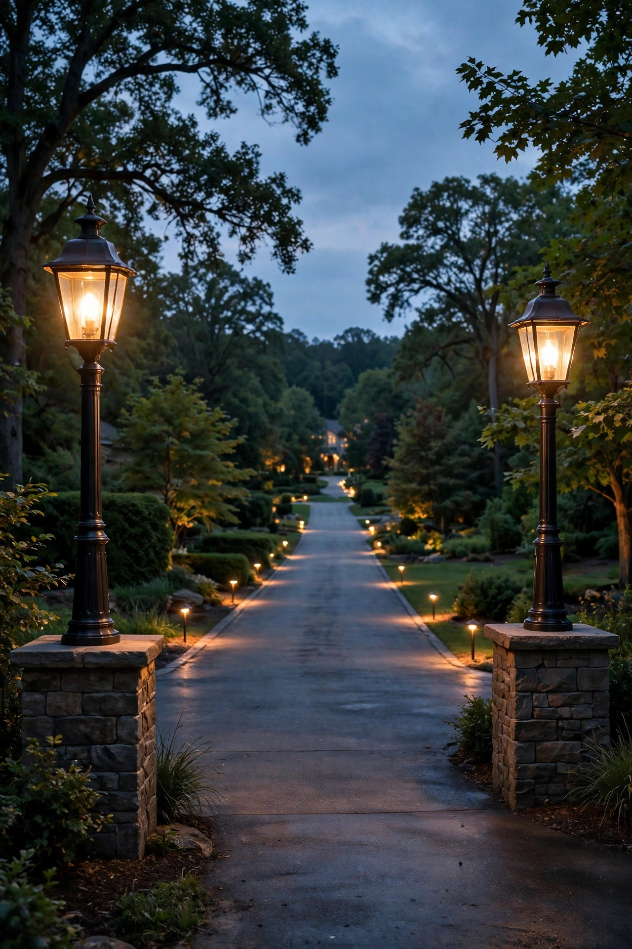 Pair of hardwired lamp posts glowing at the entrance of a long driveway at dusk, premium line-voltage driveway lighting