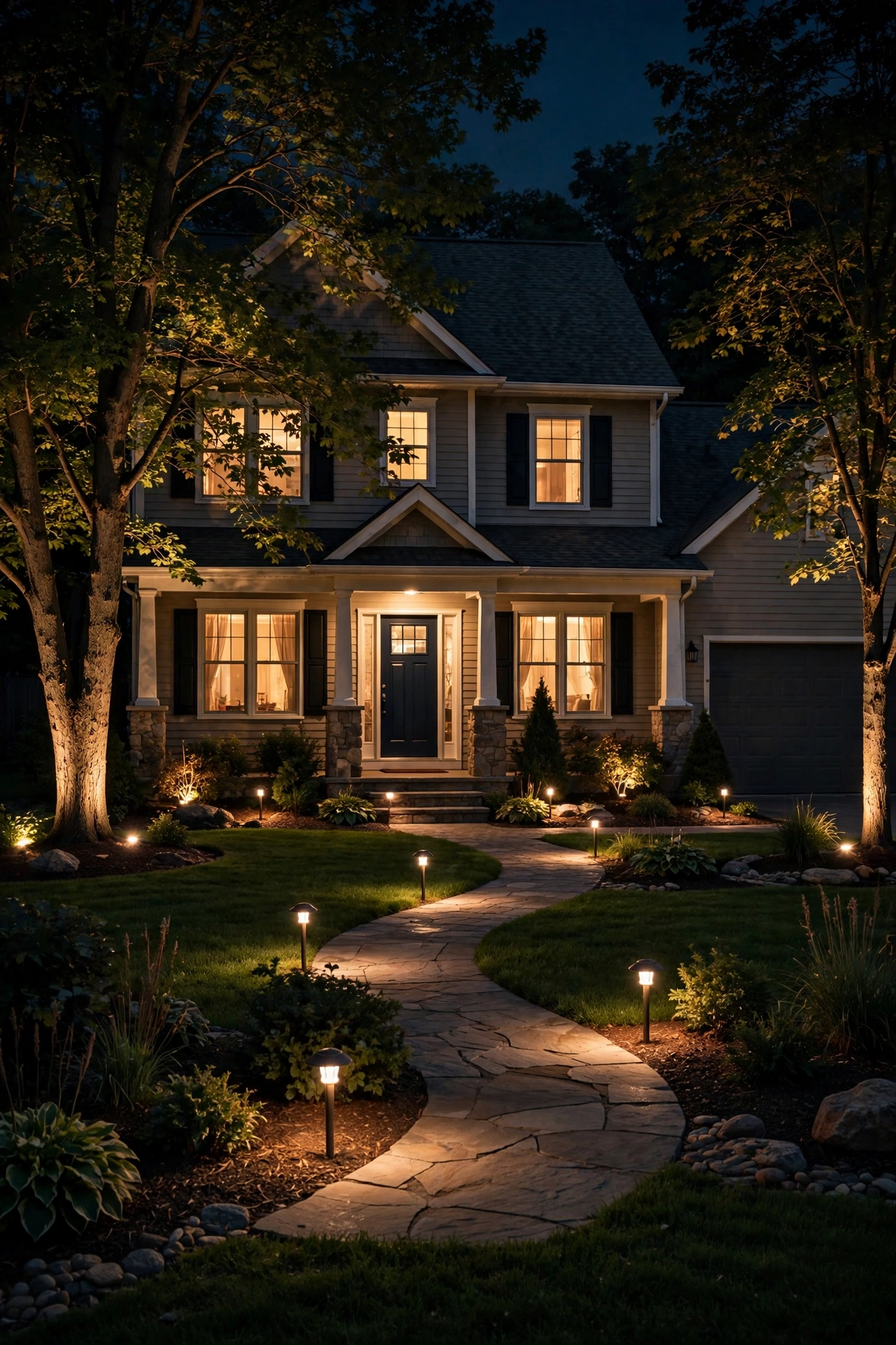 Warmly lit suburban home exterior at night showing a full low-voltage landscape lighting installation glowing on the lawn and house