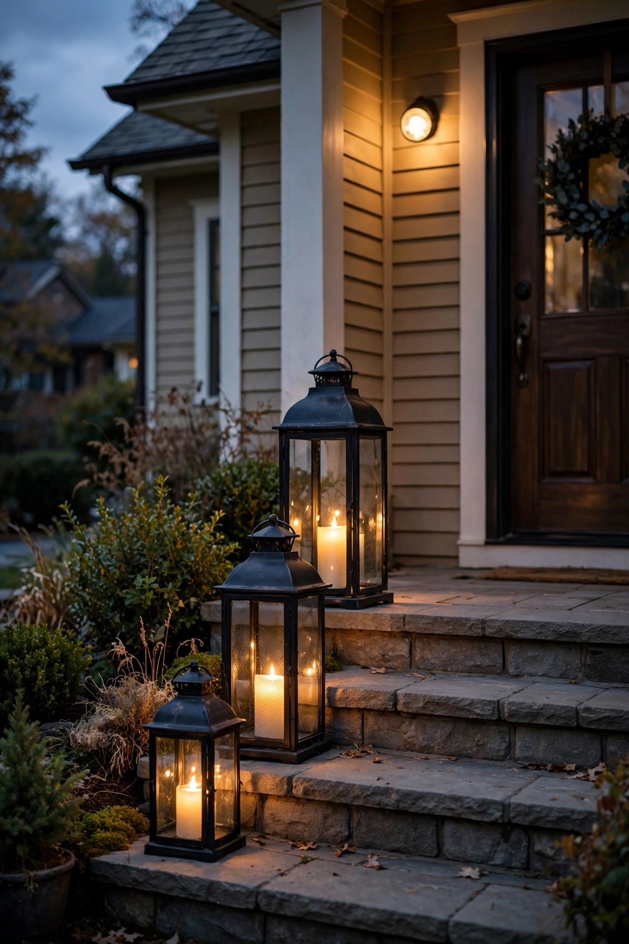 Cluster of black lanterns with LED candles glowing on front entry steps