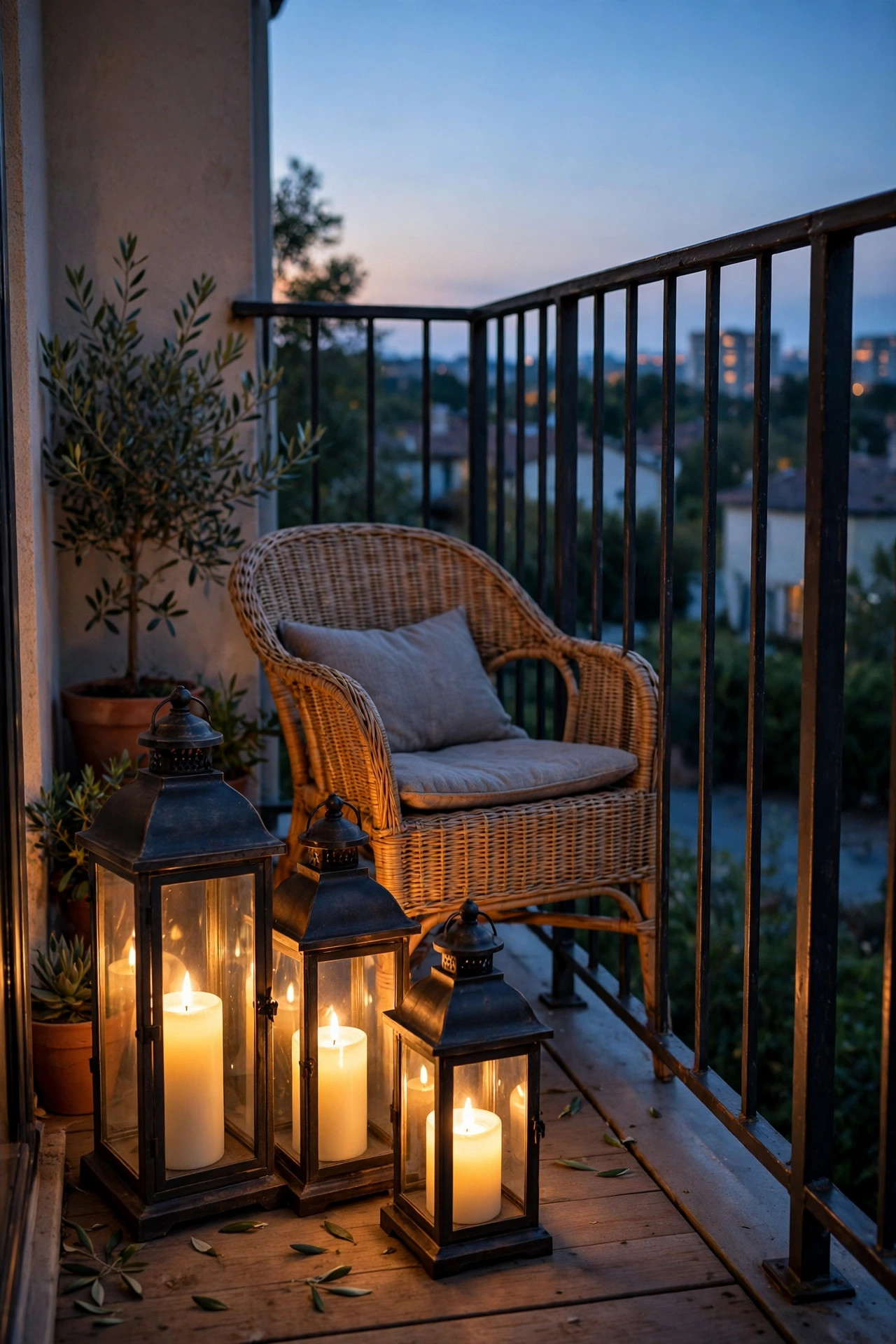 Cluster of three warm lanterns with flameless candles glowing low on a balcony floor beside a chair inside the railing at dusk
