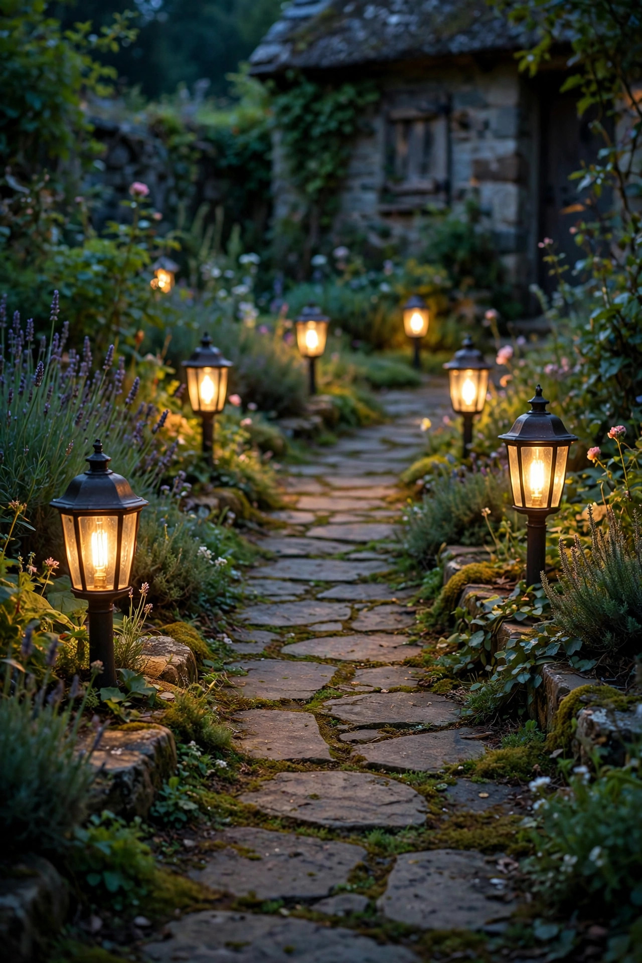 Lantern-style path lights with warm filament bulbs lining a cottage-style stepping stone and gravel side path