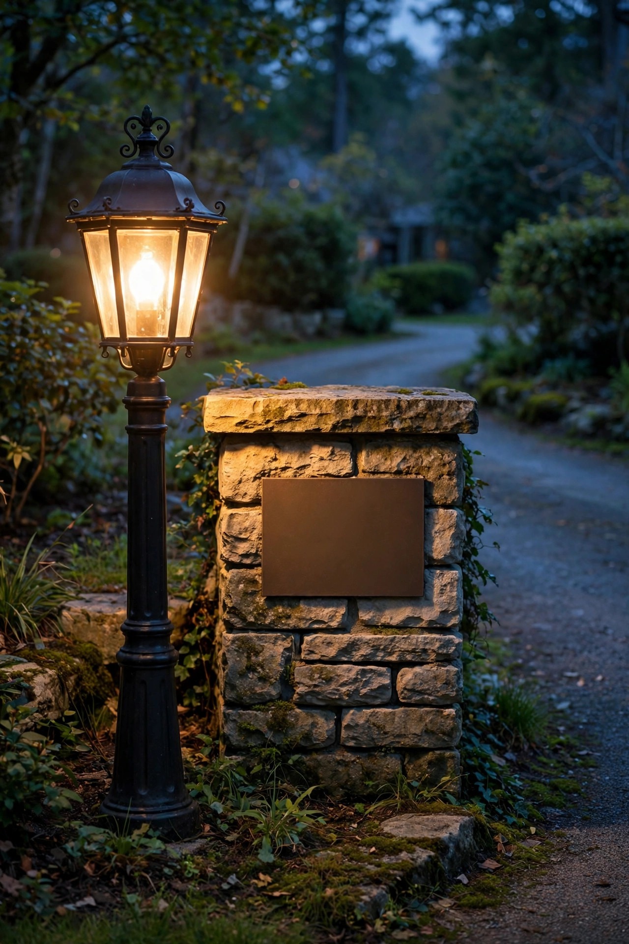 Classic lantern post light glowing warmly at the entrance of a driveway at dusk, beside a low stone pillar and house number plaque