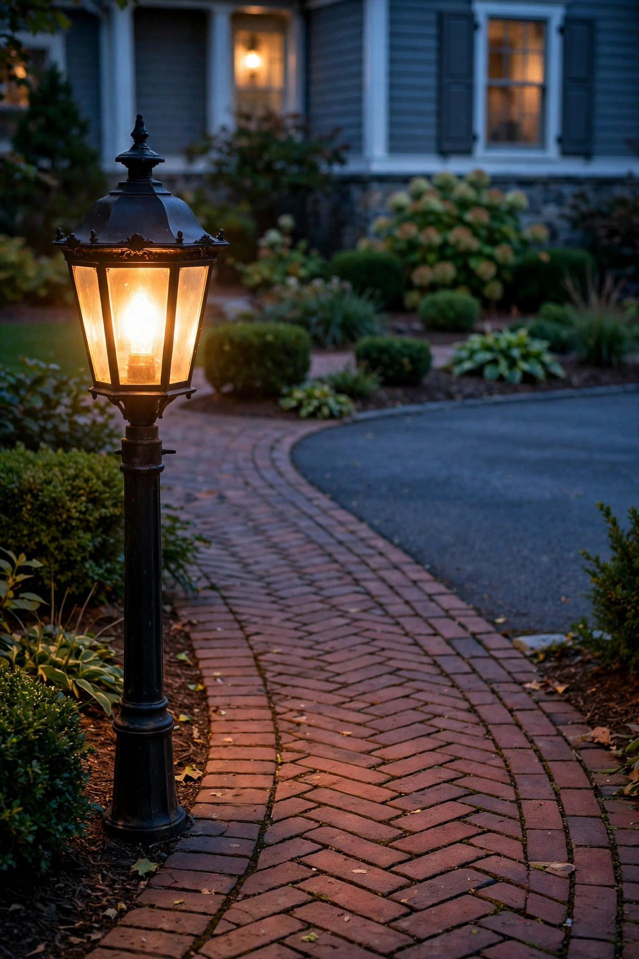 Classic lantern post light glowing at the start of a brick walkway near the driveway