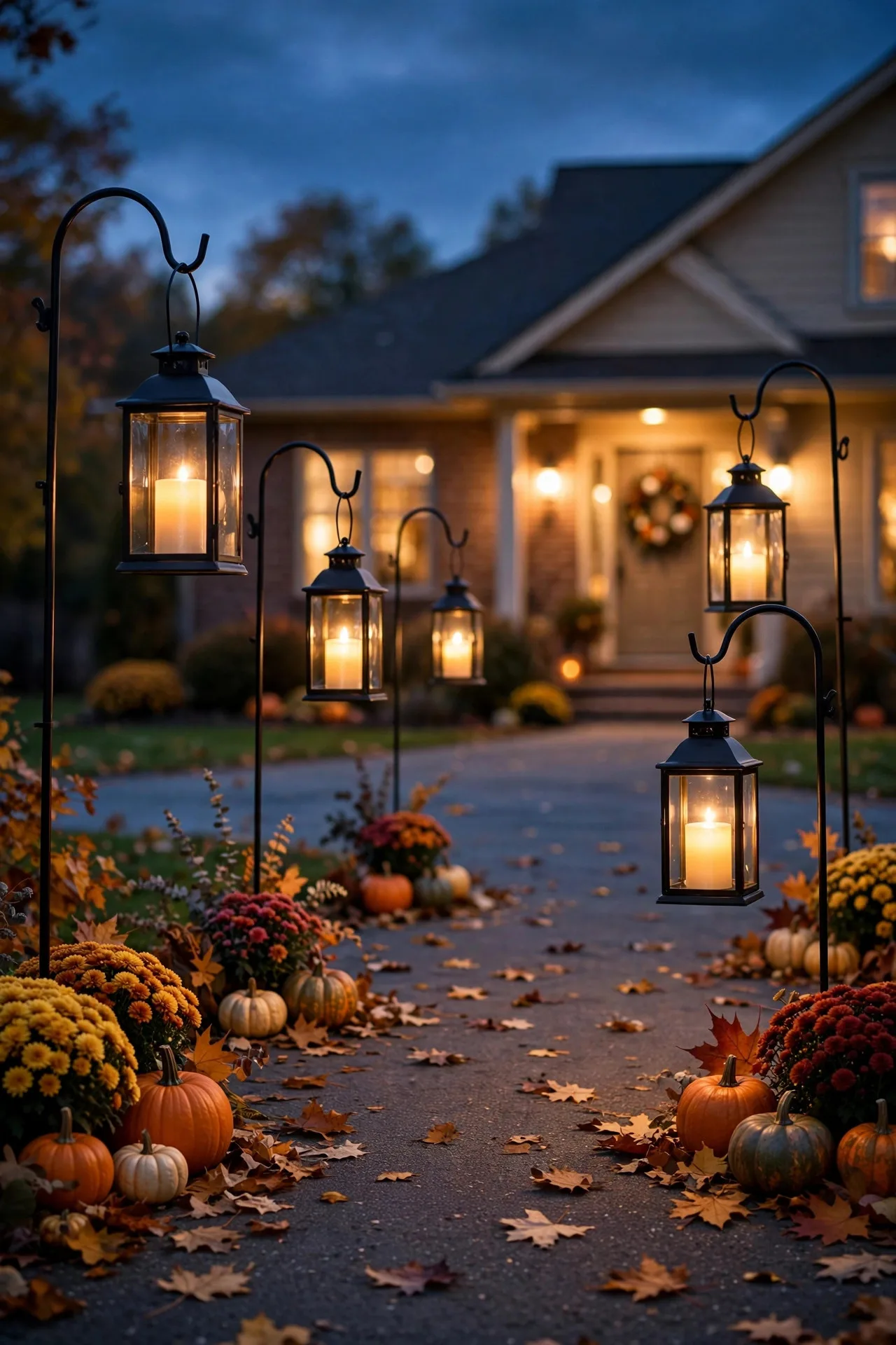 Lanterns hanging from shepherd's hooks along a driveway for thanksgiving outdoor lighting