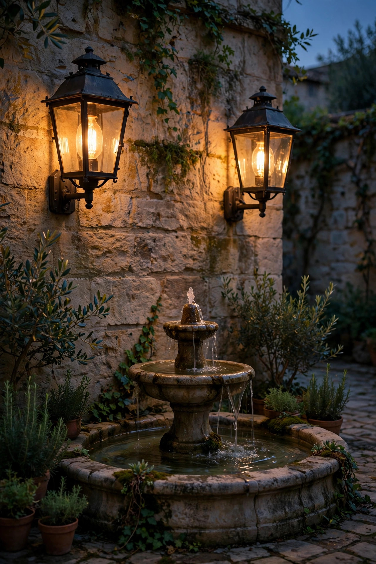 Pair of lantern-style wall lights with warm filament bulbs glowing on the wall behind a courtyard fountain