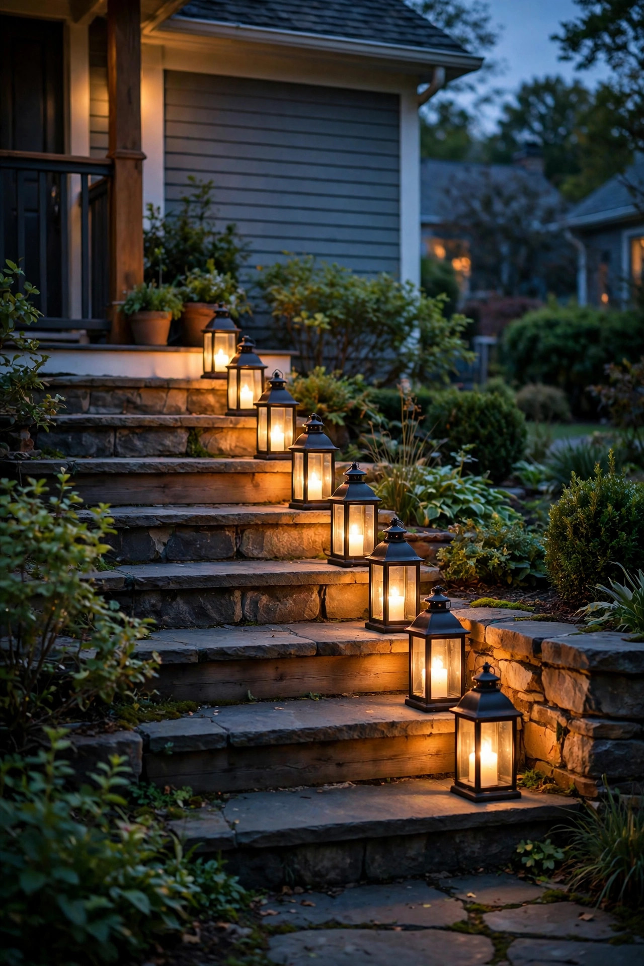 Lanterns lined down one side of porch steps glowing warmly at dusk