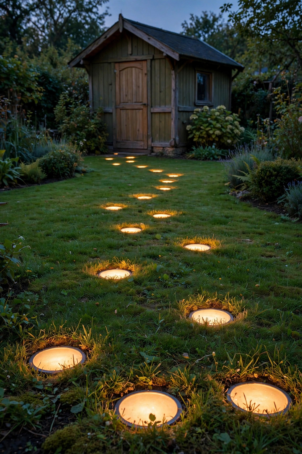 Solar disk lights set flush into a lawn forming a softly lit path to a garden shed