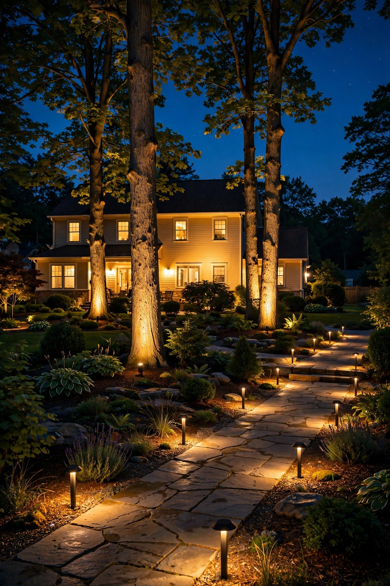 Layered night landscape with all three zones blending — lit path, uplighted trees, and a warm wash across the home