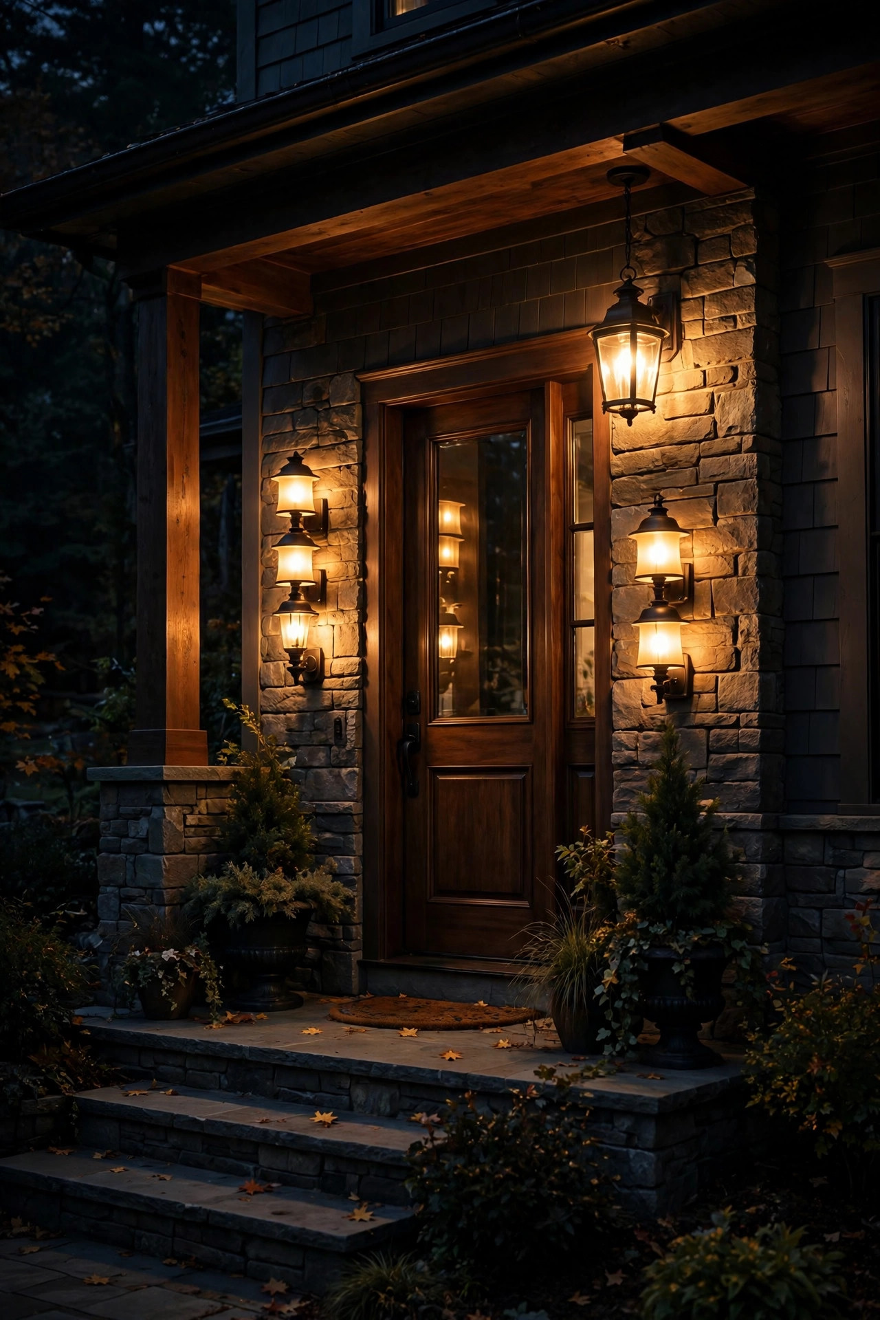 Front porch glowing like a beacon at night with layered sconces and an overhead light beside the front door
