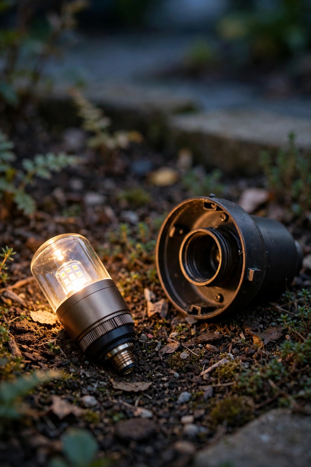 Close-up of a small LED landscape bulb held beside an open path light fixture in a garden bed at dusk