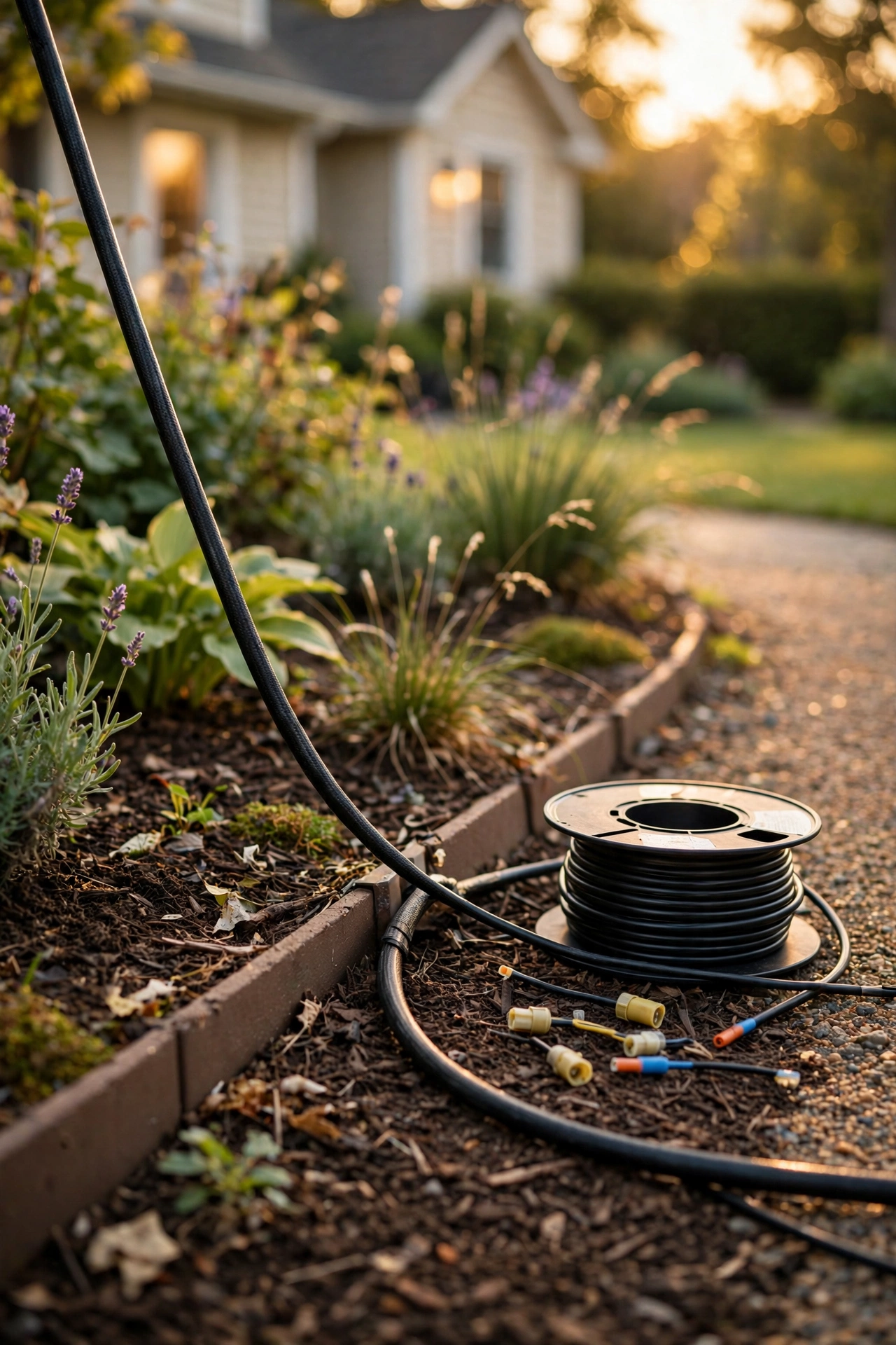 Hands installing low-voltage LED landscape lighting cable and transformer beside a garden bed at golden hour