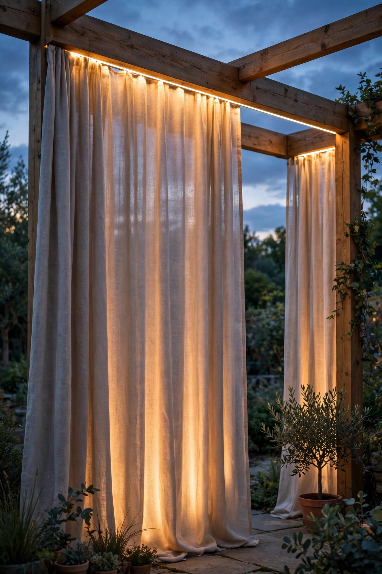 Hidden LED strip washing warm light down the full height of pergola curtains