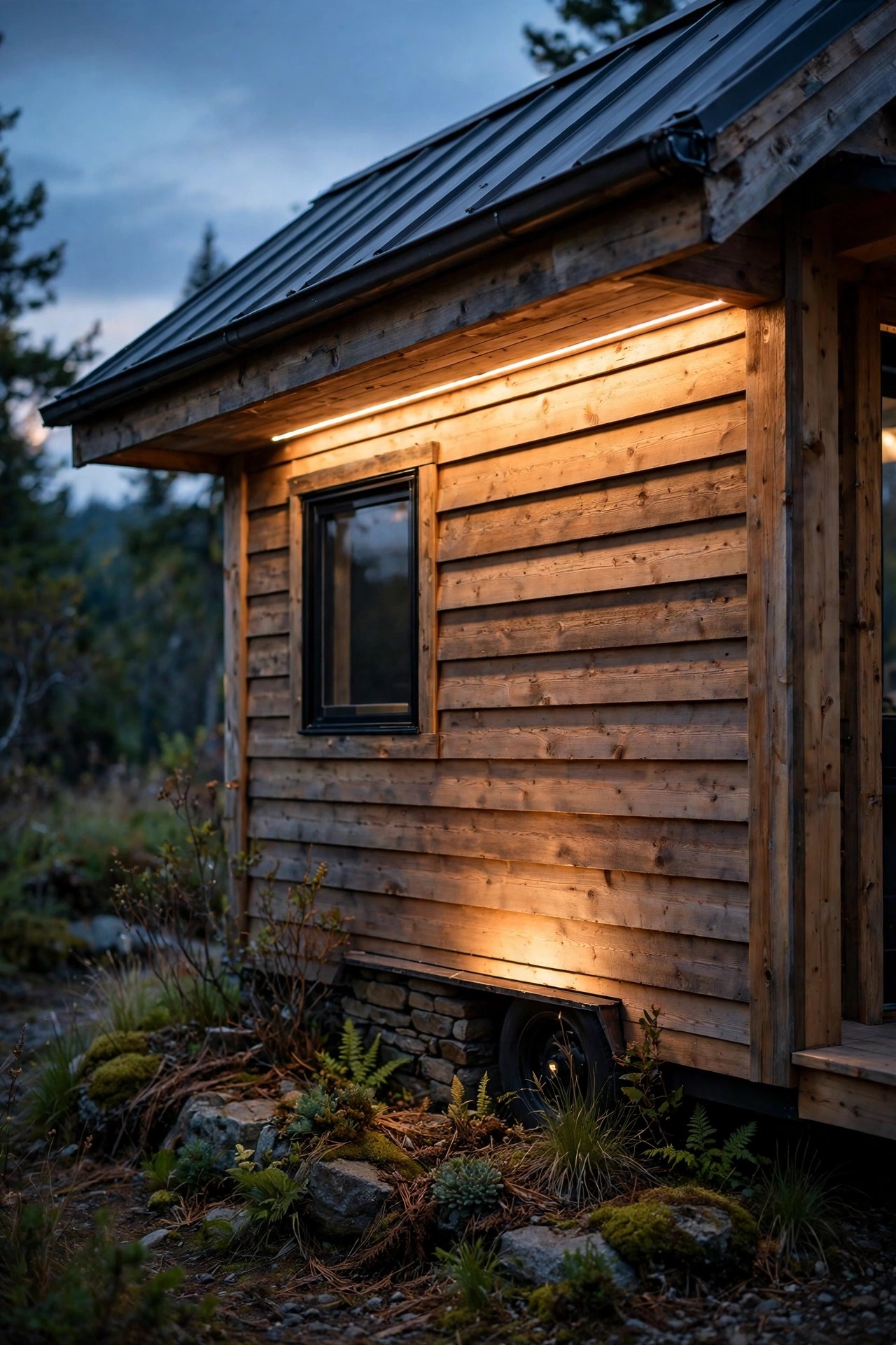 Warm LED strip hidden under a tiny house eave washing soft indirect light down the exterior wall at dusk