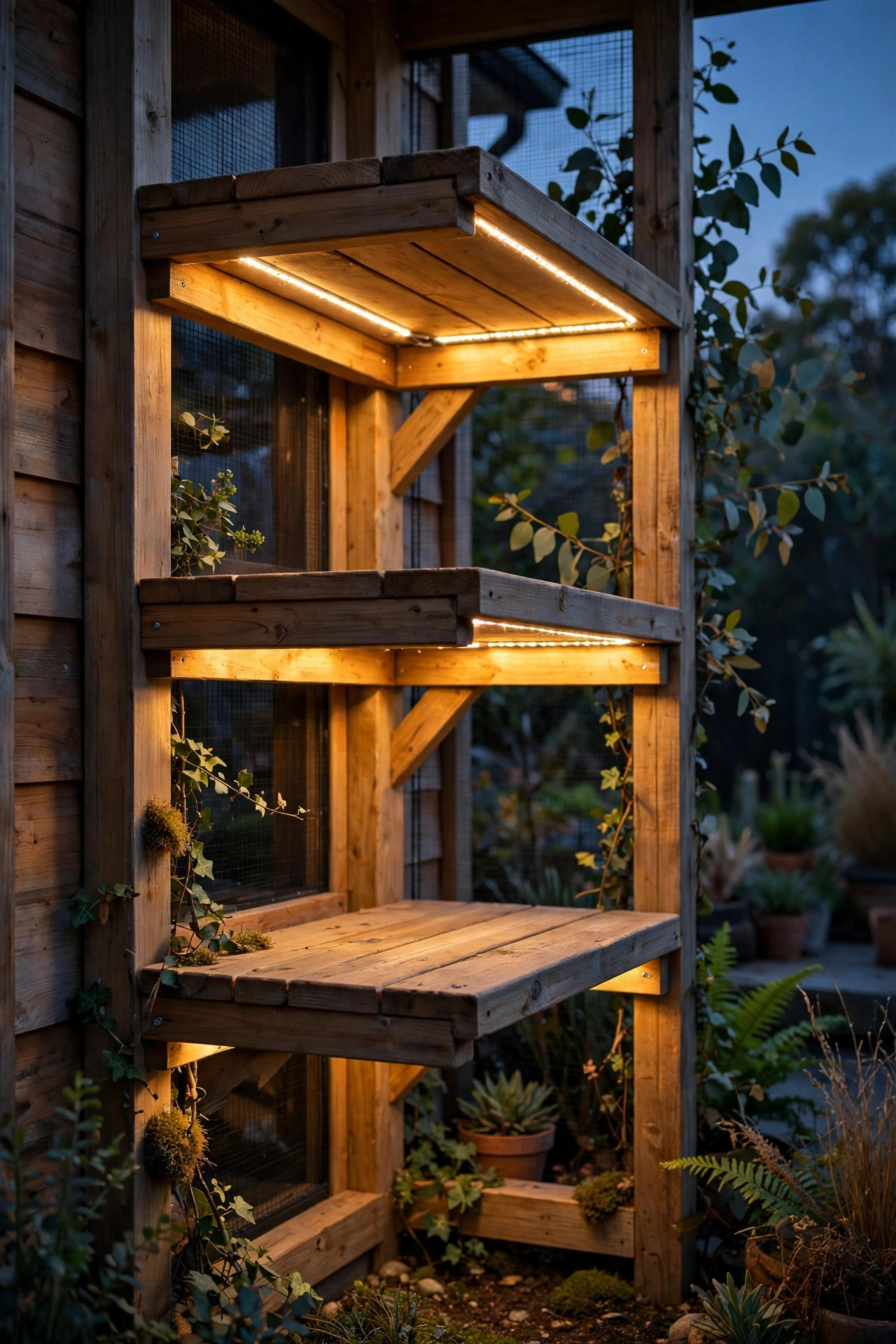 LED strip lights hidden under wooden catio perches casting a warm indirect glow at dusk