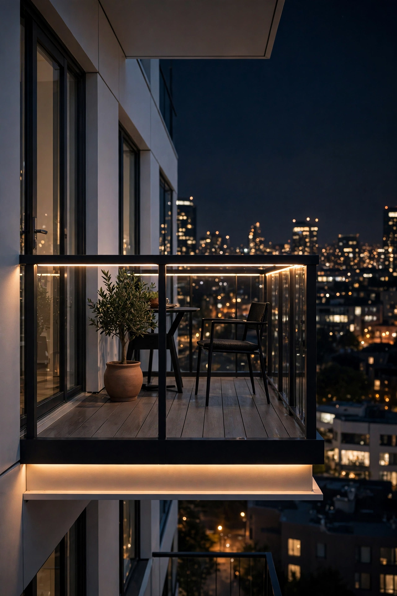 LED strip light glowing under a balcony railing cap at night