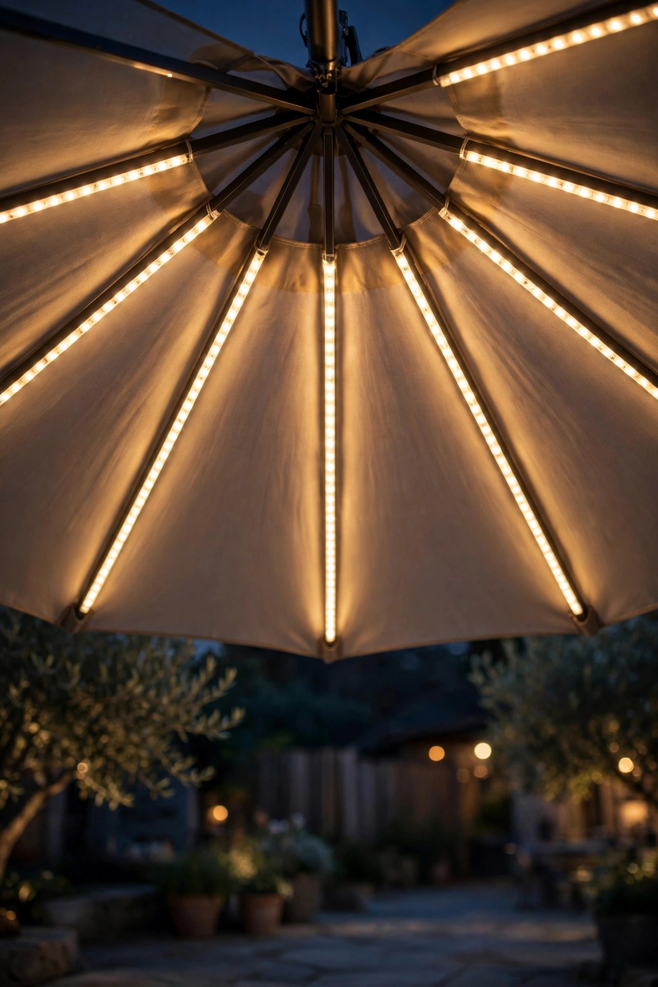 Waterproof LED strip lights glowing along the ribs underneath a patio umbrella canopy at night