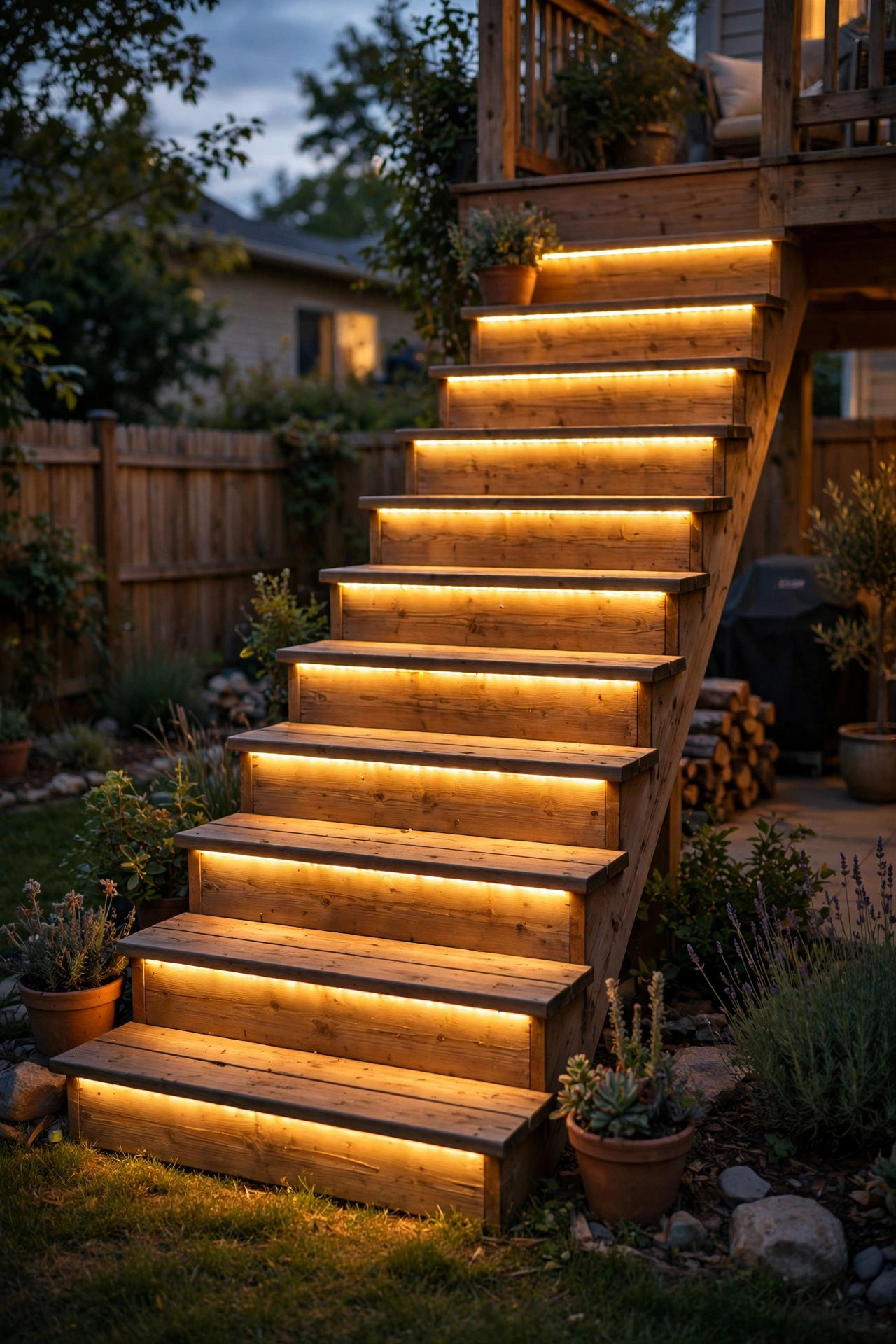 LED strip lighting under stair nosing outlining deck steps in warm light