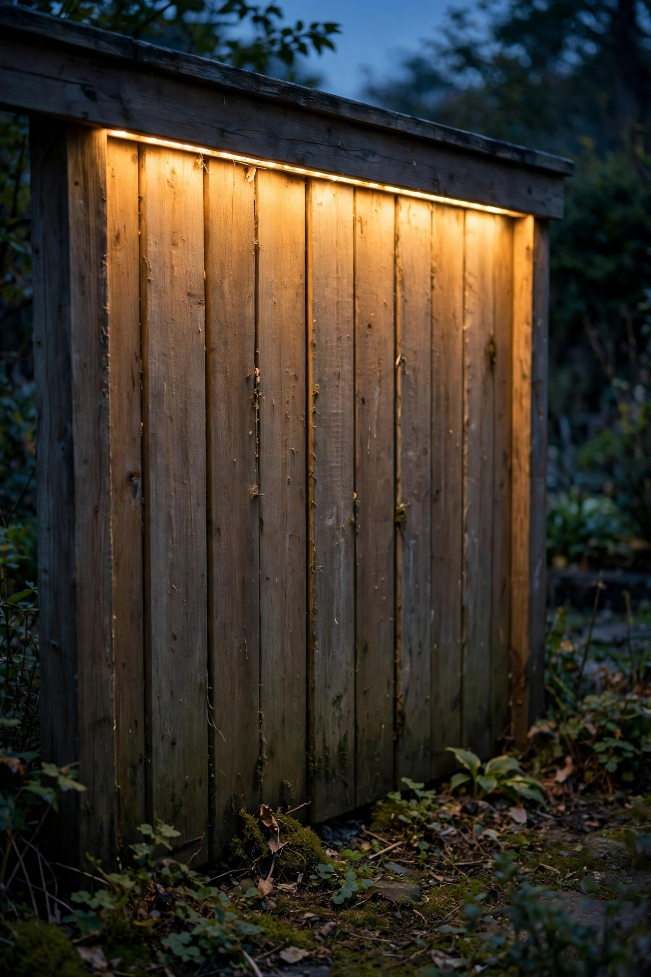 Hidden LED strip under the top rail of a fence casting a continuous warm wash down the fence boards