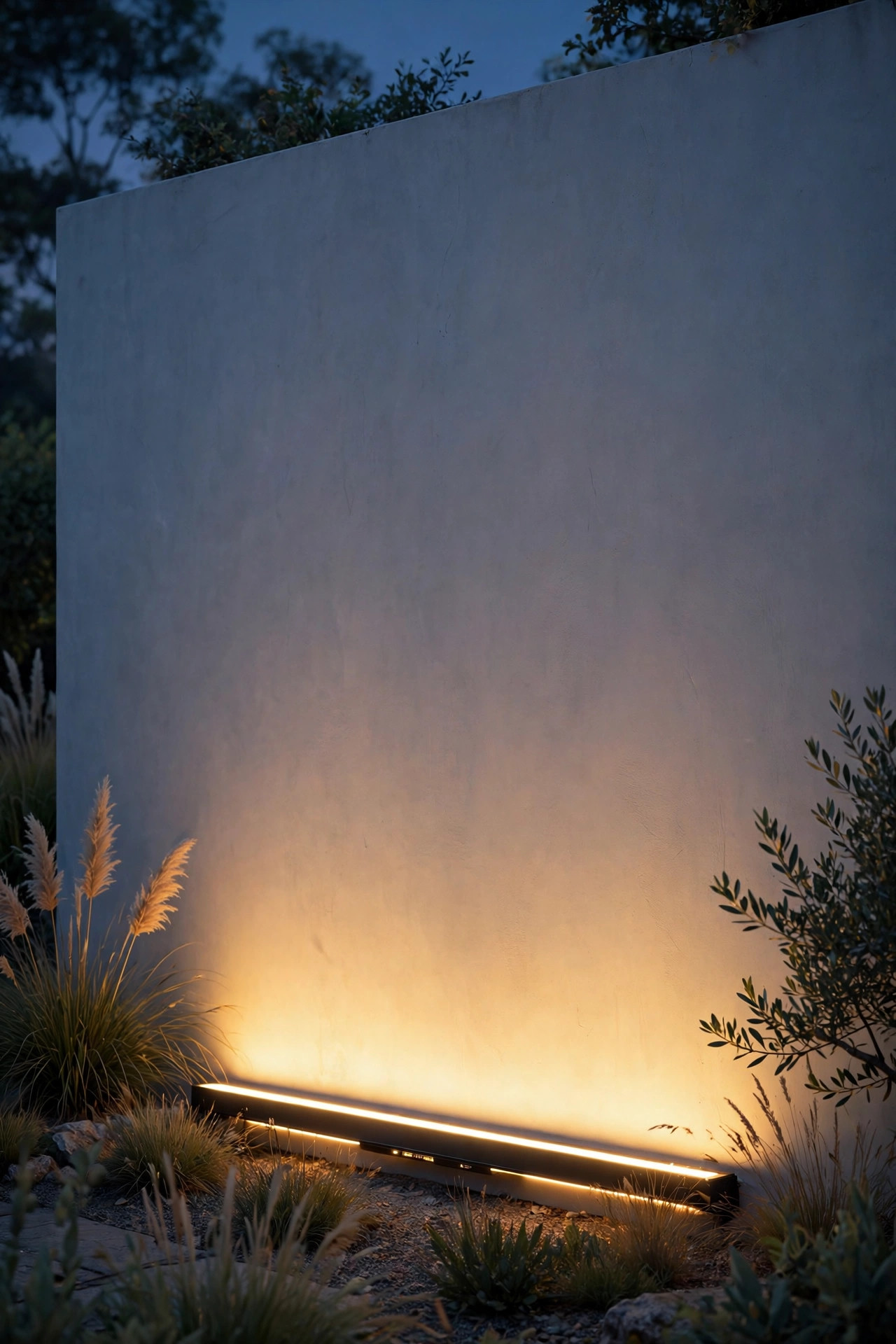 Linear LED wash bar casting a continuous ribbon of warm light up a long modern garden wall