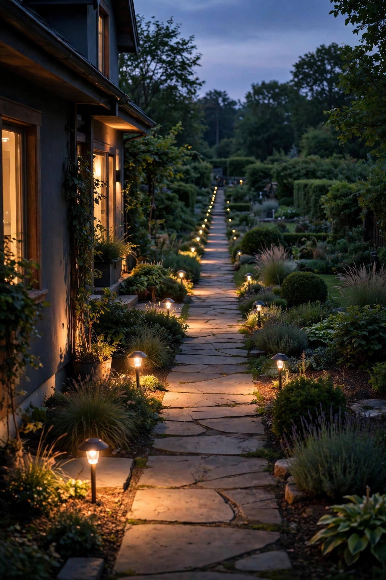 Long garden path at dusk where low-voltage lights near the house glow brightly and gradually fade dimmer toward the far end of the cable run