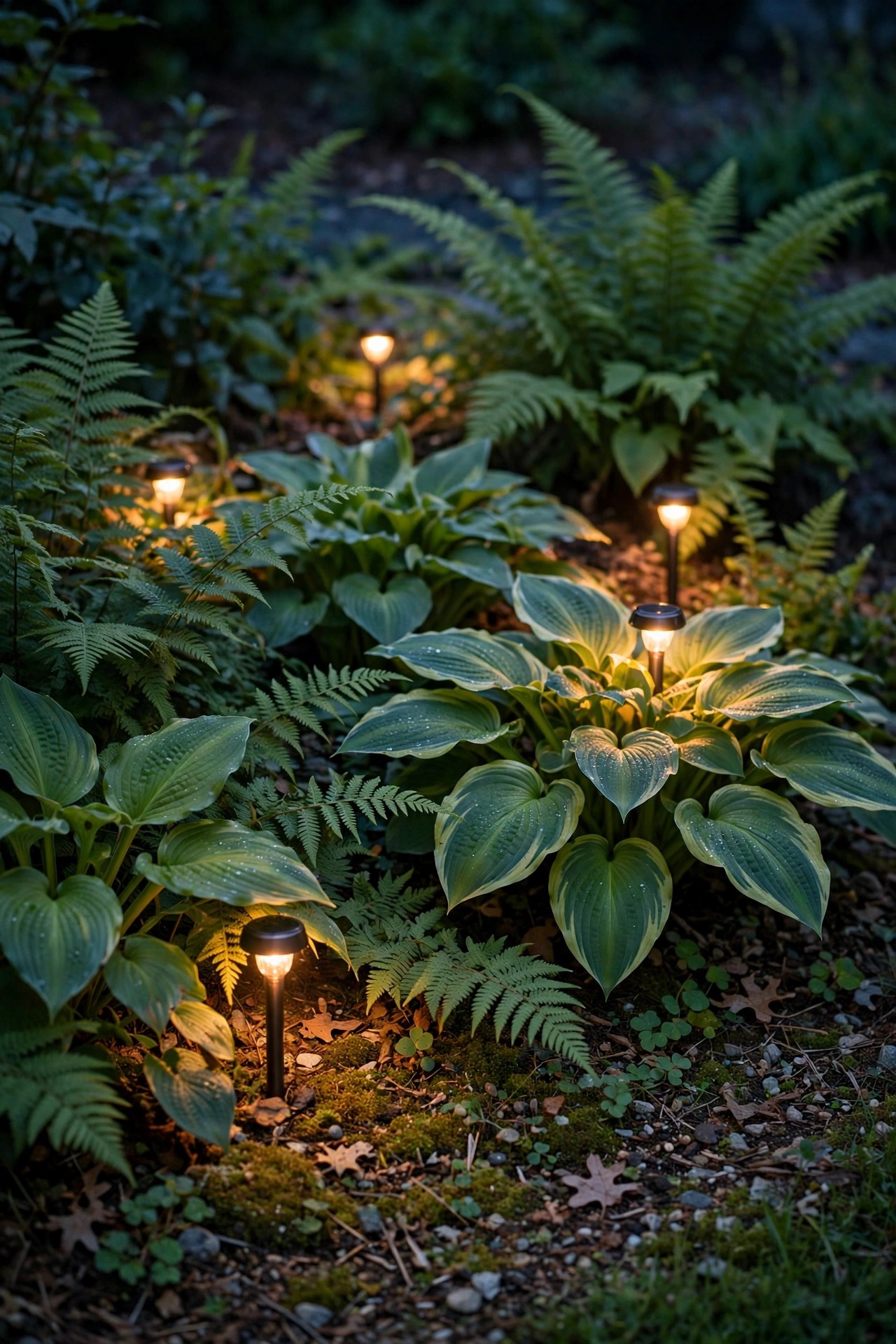 Small low-glow solar accent stakes tucked among hostas and ferns in a shaded garden bed at dusk